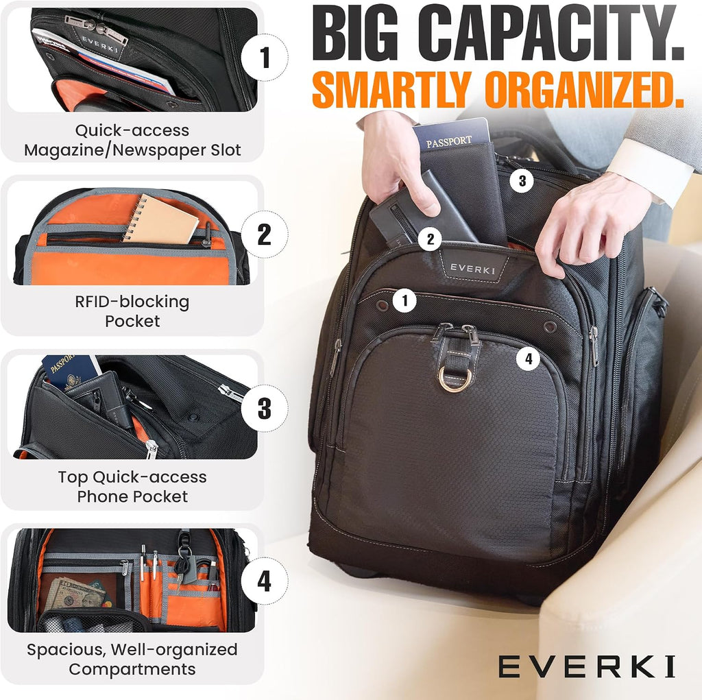 EVERKI Atlas Wheeled 2 Rolling Backpack, 30L 13 To 17.3-Inch Laptops Travel Backpack with Wheels for Professional, RFID-Blocking Pocket, Book Bag with Wheels, Business Travel. Quick-access Pockets