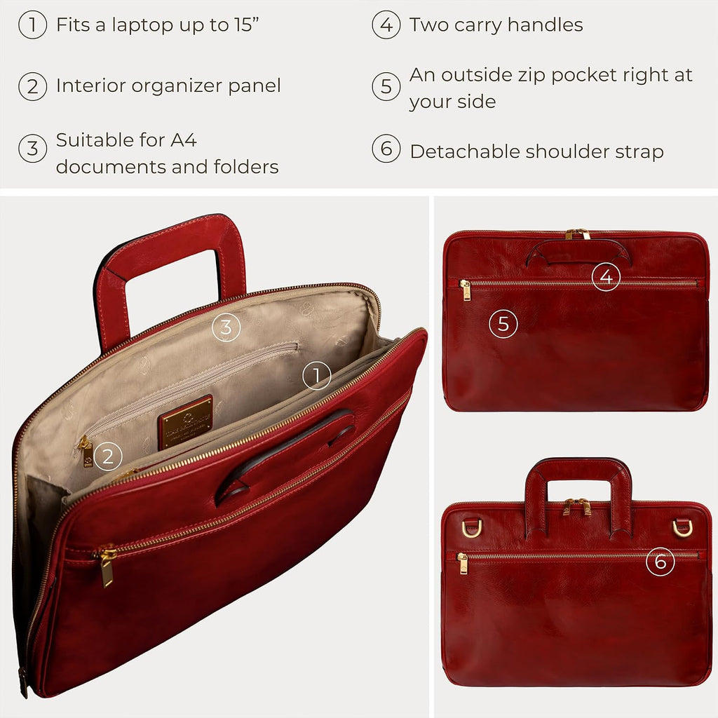 Time Resistance Slim Leather Briefcase - Italian Handmade Leather Computer Bag - Briefcase for Men and Women - Laptop Bag