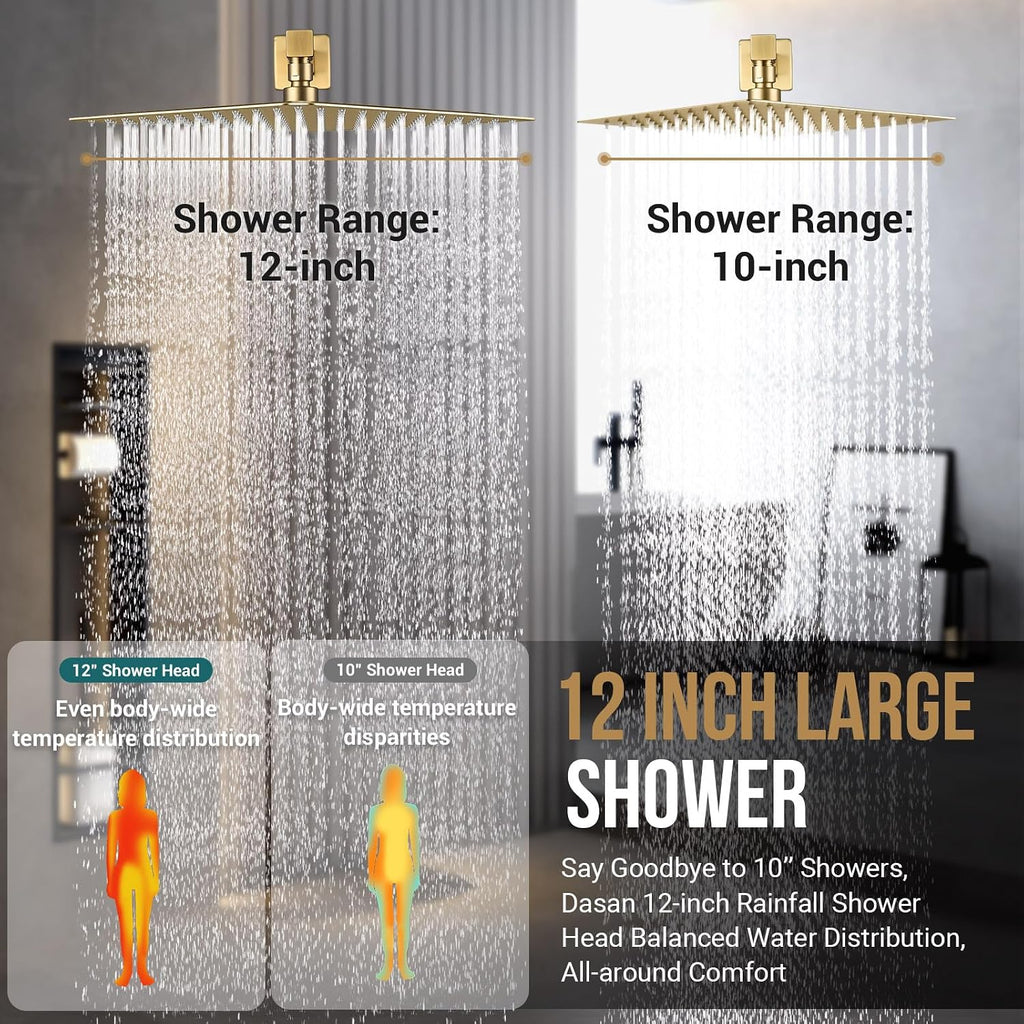DASAN Full Body Shower System with 6 PCS Body Spray Jets & 12'' Rain Overhead Shower & Handheld, In-Wall Rain Shower System Brushed Gold Shower Faucets Sets Complete with Valve, SA-SS03ABG-S12W