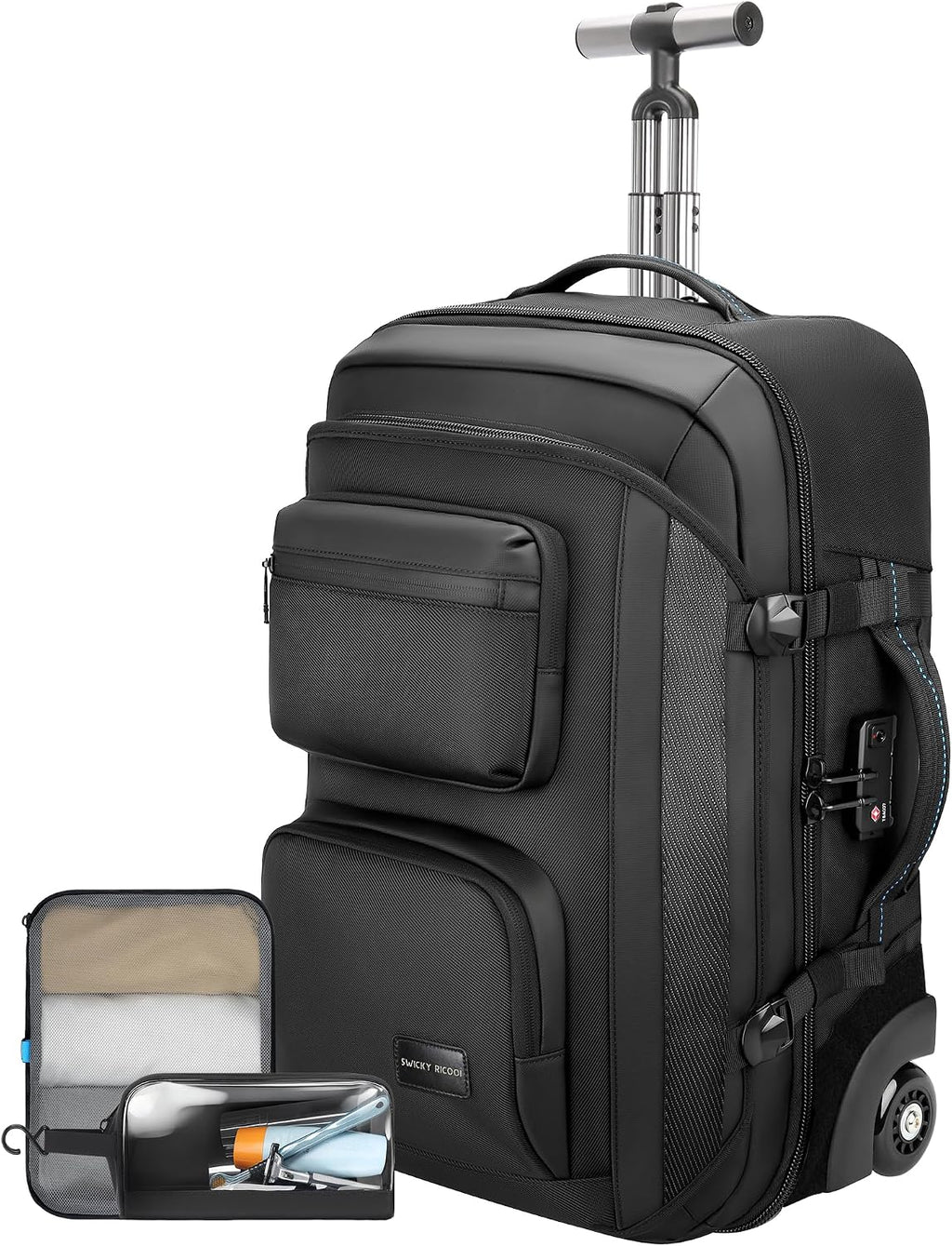 Carry on backpack with wheels, Rolling backpack with Dry-Wet Pocket, TSA Lock, Laptop Compartment, Water-Resistant for Men Women, Work, Air Travel（3-Piece Set-Includes Toiletry & Storage Bag）