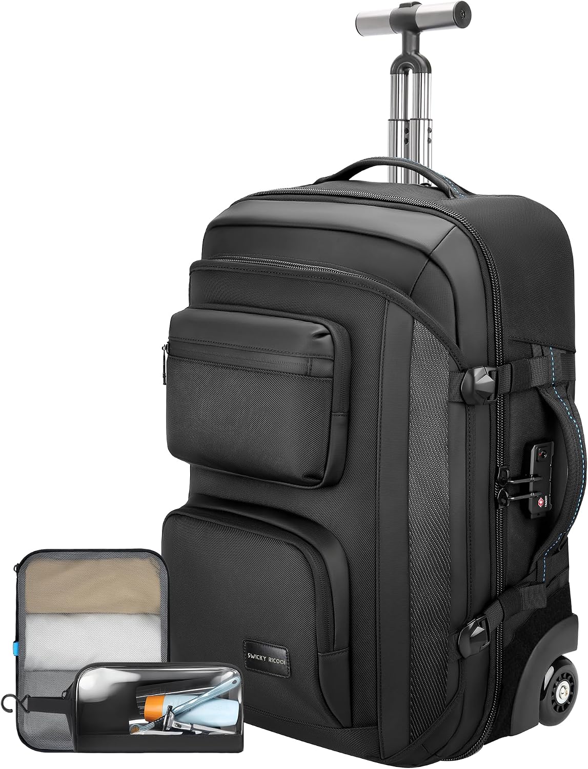 Carry on backpack with wheels, Rolling backpack with Dry-Wet Pocket, TSA Lock, Laptop Compartment, Water-Resistant for Men Women, Work, Air Travel（3-Piece Set-Includes Toiletry & Storage Bag）