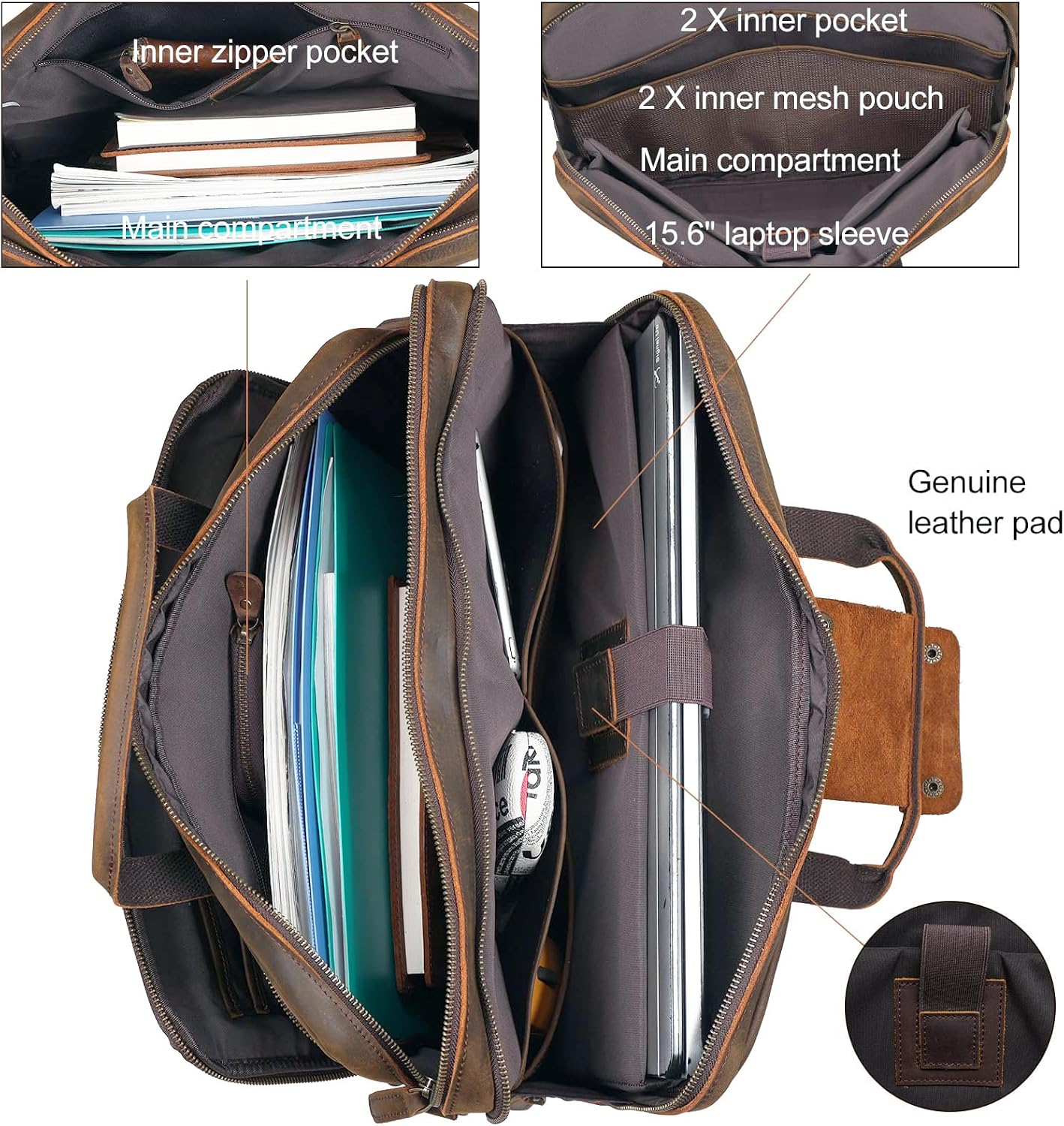 Masa Kawa Leather Briefcase for Men 17/15.6' Laptop Crossbody Shoulder Messenger Bag Business Travel Work Attache Case
