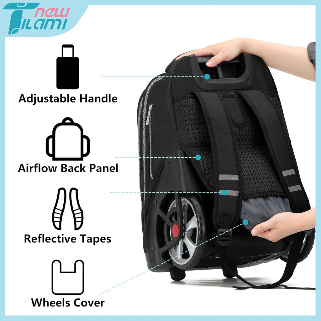 NEW TILAMI 19 inch Rolling Backpack Teens Rolling Backpack Cute Wheeled Laptop Backpack Bookbag Roller Travel Bag College, Black