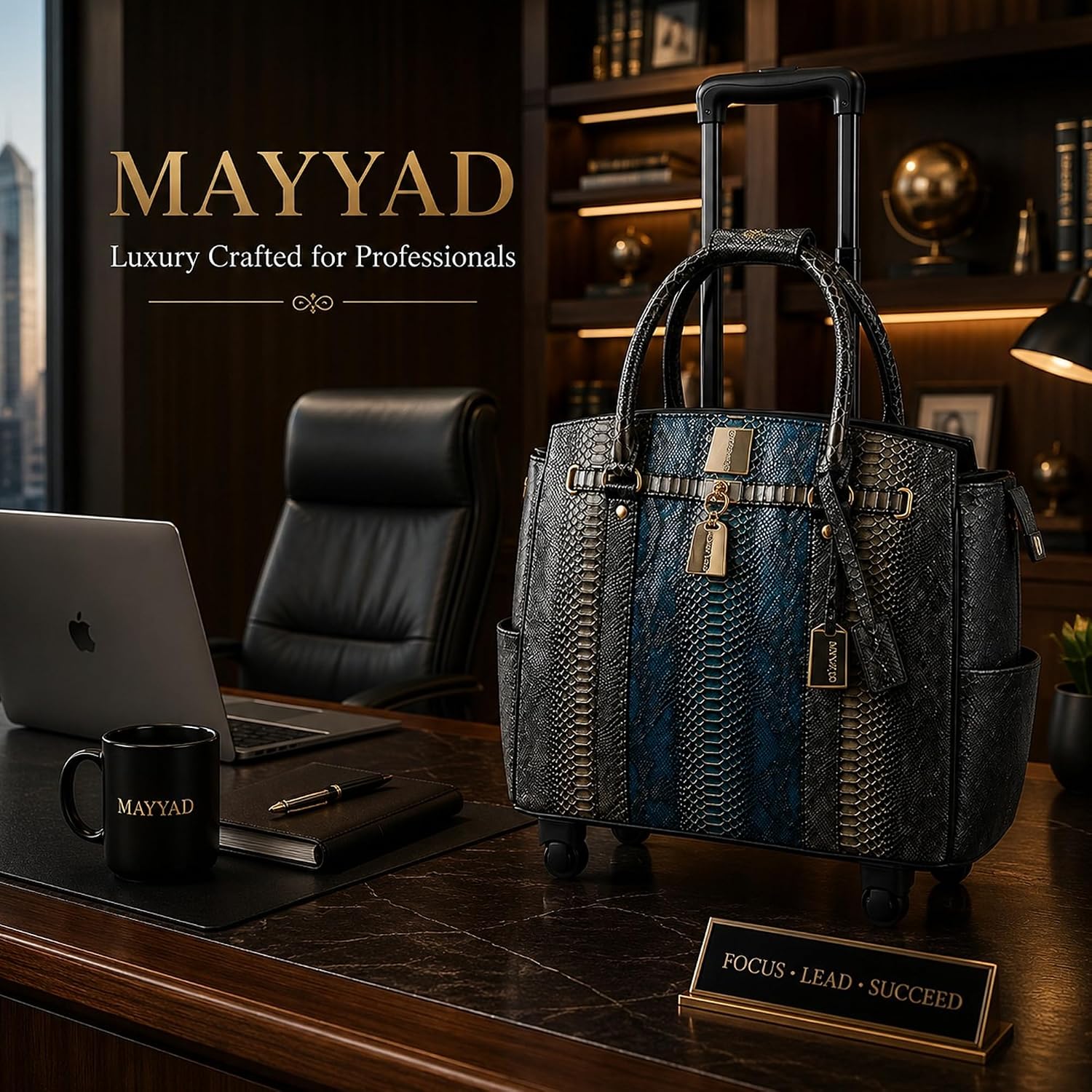 Rolling Laptop Bag for Women with Wheels & Handle Luxury Pure Leather Embossed Work Bag with Laptop Sleeve Travel Briefcase