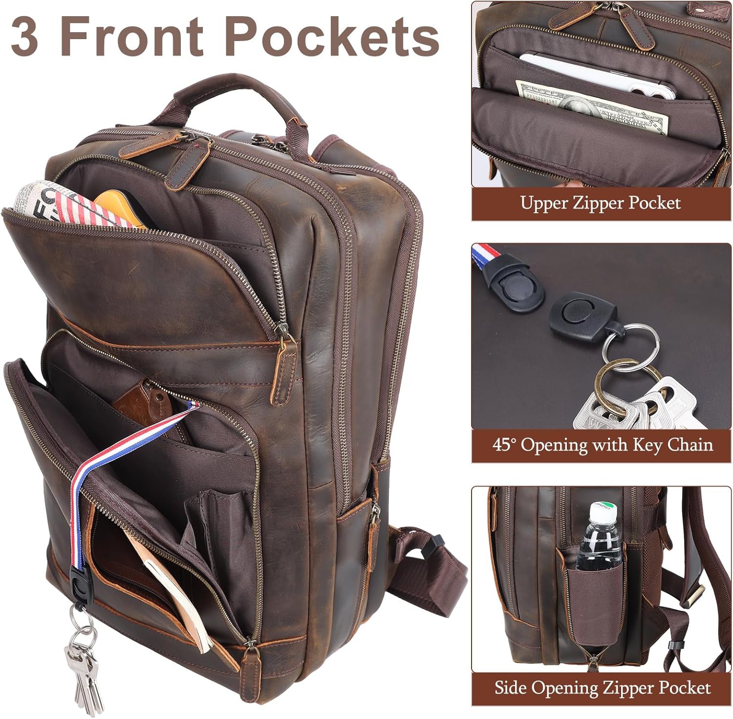 Masa Kawa Brown Leather Laptop Backpack for Men Fits 16' 15.6' Computer, Vintage Business Travel Work Large Daypack Weekender Bag Camping Rucksack