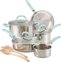 Rachael Ray Create Delicious Stainless Steel Cookware Set, 10-Piece Pots and Pans Set, Stainless Steel with Light Blue Handles