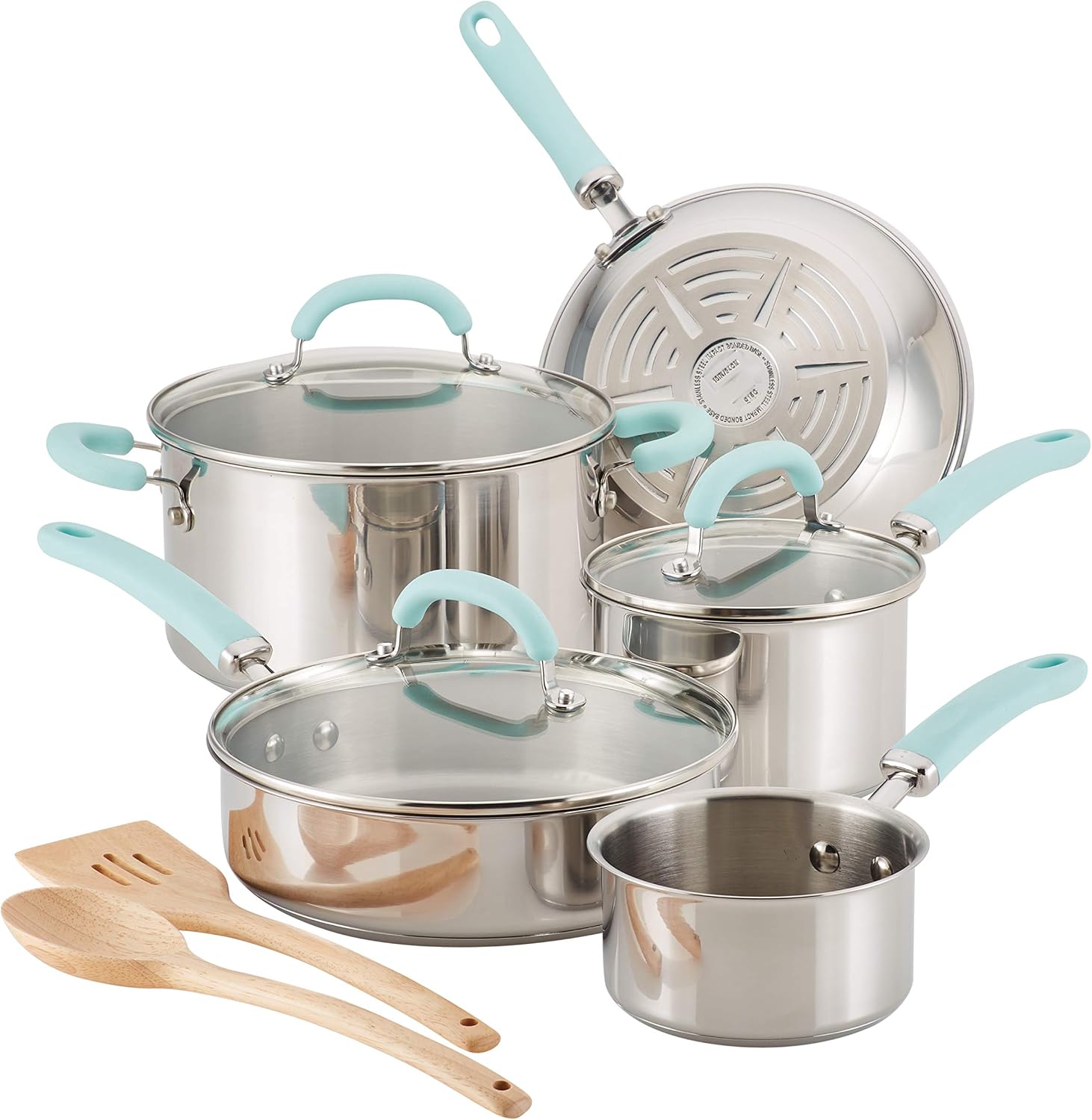 Rachael Ray Create Delicious Stainless Steel Cookware Set, 10-Piece Pots and Pans Set, Stainless Steel with Light Blue Handles