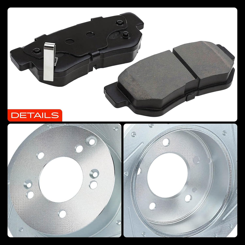 A-Premium Front and Rear Drilled and Slotted Disc Brake Rotors + Ceramic Pads Kit Compatible with Select Hyundai and Kia Models - Sonata 05-08, Tucson 05-09, Magentis 06-09, Optima 06-10, Sportage