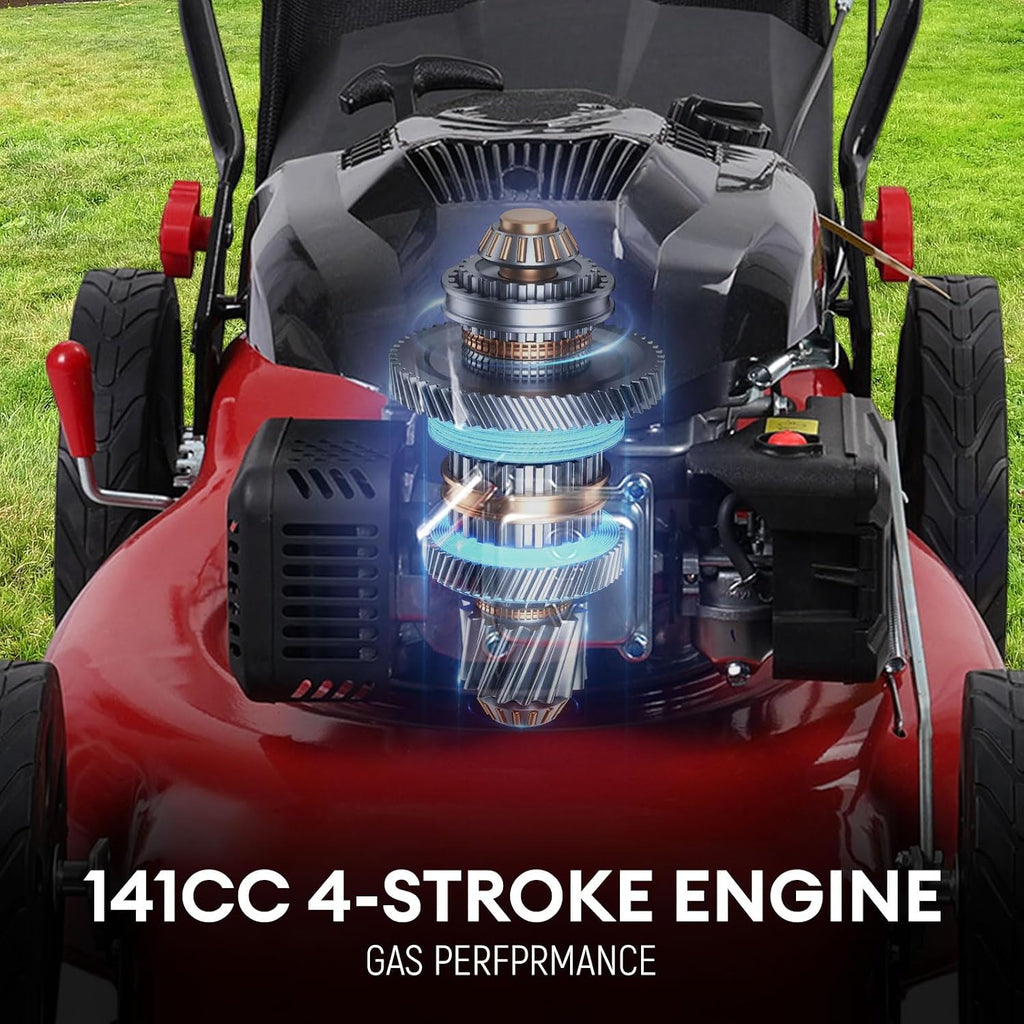 Self Propelled Gas Lawn Mower, 141cc 20 Inches Gas Lawn Mower, 7-Position Single Lever Height Adjustment, Push Lawn Mower Gas Powered with 50L Grass Tank and Big Wheels for Lawn Care Red