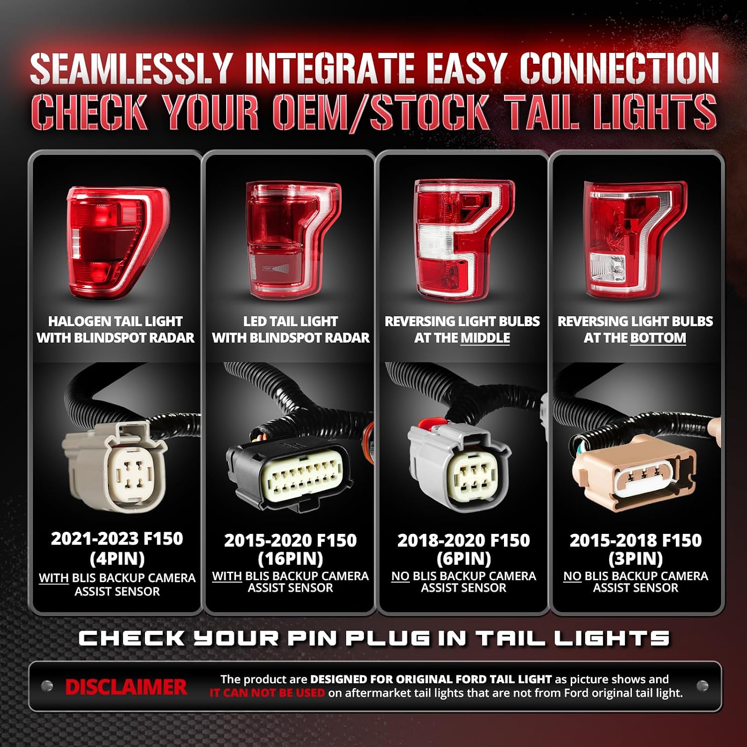 OPT7 Plug'n'Play Bundle for 2021-2023 F150 w/OE Halogen Taillights and Blind Spot Monitor – 48' Redline Triple Row LED Tailgate Light Bar w/Sequential Amber Turn + Easy Connect Harness