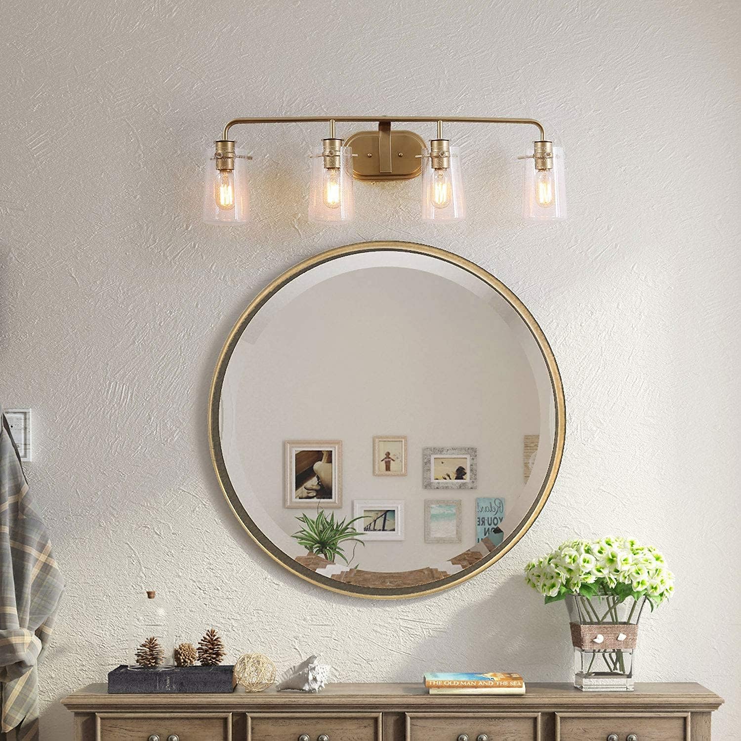 KSANA Vanity Lights, Bathroom Fixtures Over Mirror in Antique Brass Metal Finish with Clear Bubbled Glass Shades, Mid-Century Wall Sconce for Dressing Rooms