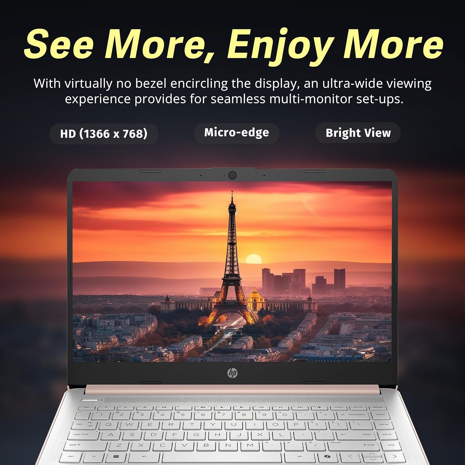 HP Stream 14' HD BrightView Laptop, Intel Celeron N150, 8GB RAM, 288GB Storage (128GB eMMC + 160GB Docking Station Set), Intel UHD Graphics, 720p Webcam, Wi-Fi, 1 Year Office 365, Win 11 S, Gold