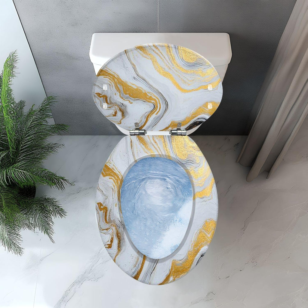 Elongated Toilet Seat marble ink paper texture white silver gold Art Resin Toilet Seat with Cover Easy to Install Quietly Close Quick Release Hinges Decorative