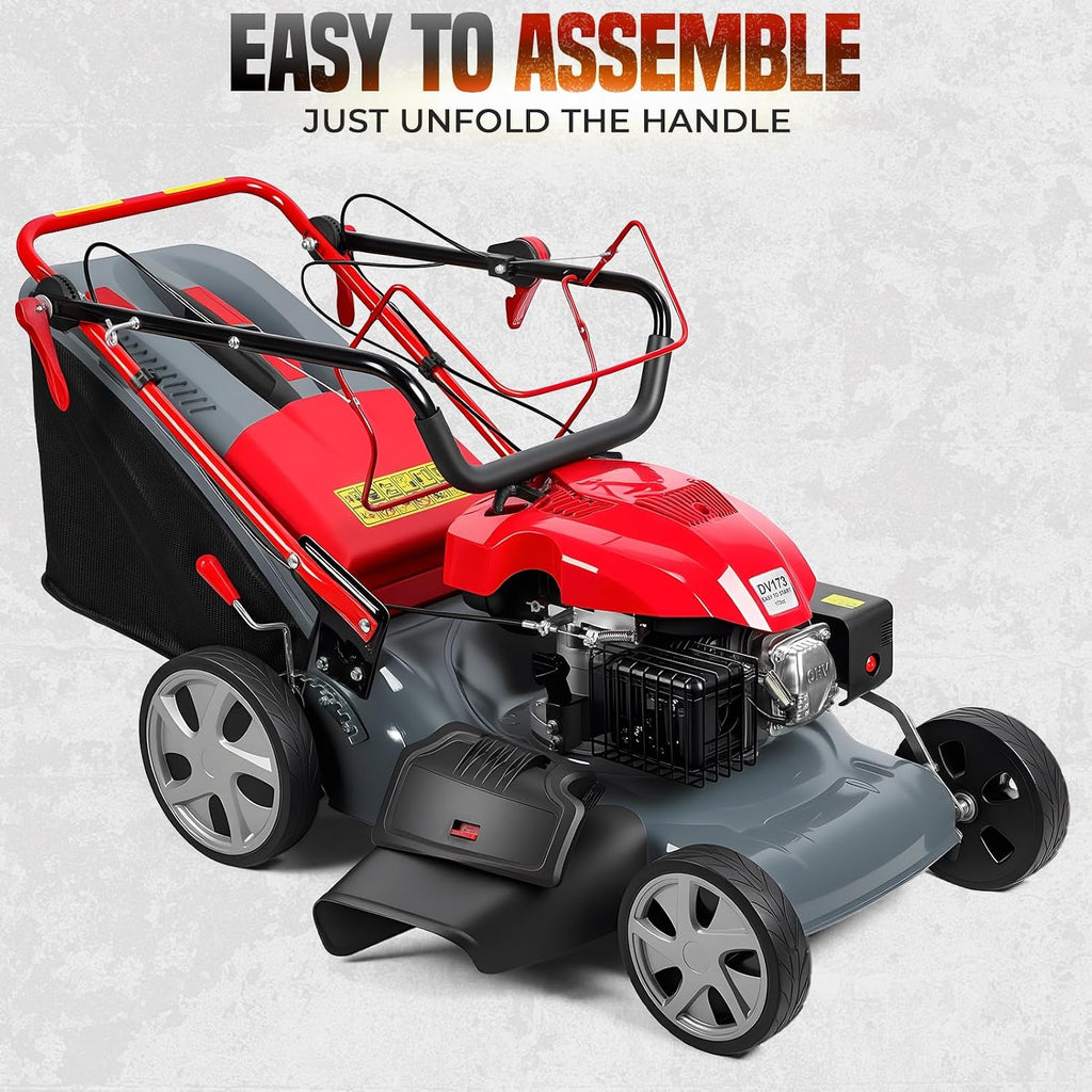 cdar Self-Propelled Gas Lawn Mower, Gas Lawn Mower with 173cc Engine, 60L Grass Bag 20-Inch Cutting Width Adjustable Height Heavy-Duty Steel Deck for Yard Patio & Large Lawns Maintenance Red