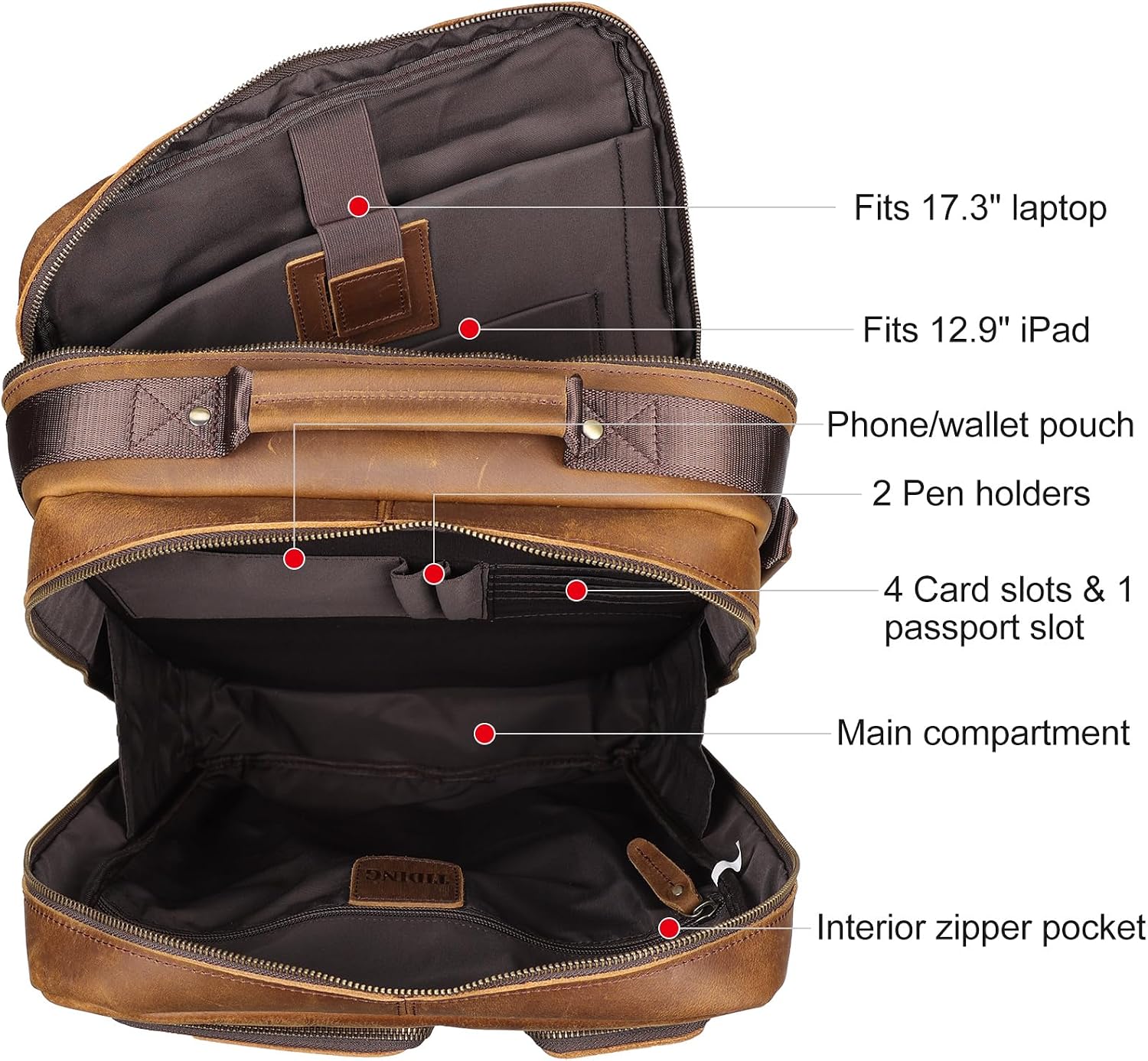 TIDING 17.3 Inch Full Grain Leather Laptop Backpack for Men Multi Pockets Casual Daypack Travel Rucksack
