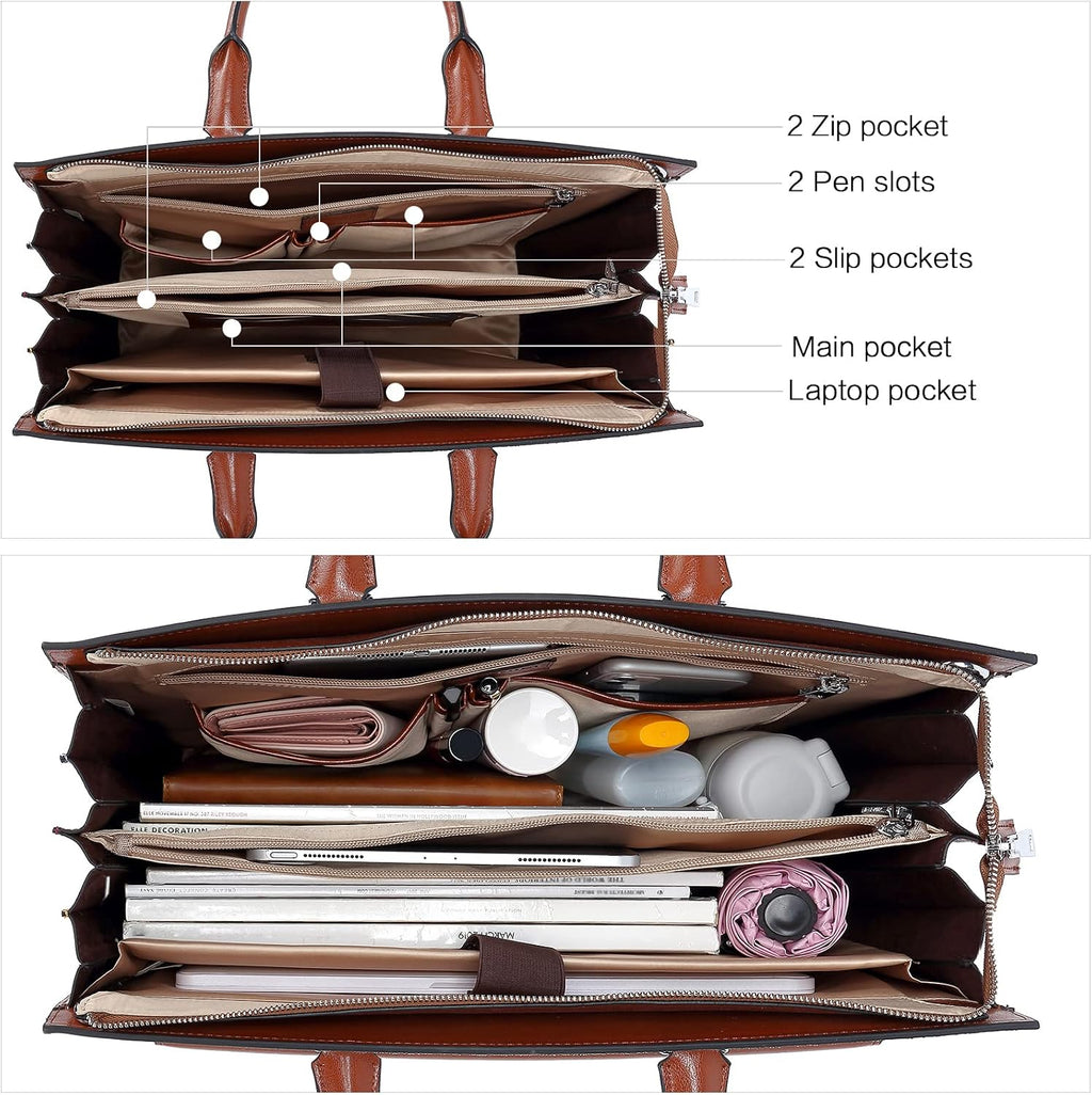 BOSTANTEN Briefcase for Women Laptop Tote 15.6 Inch Genuine Leather Handbag Work Bag Beige