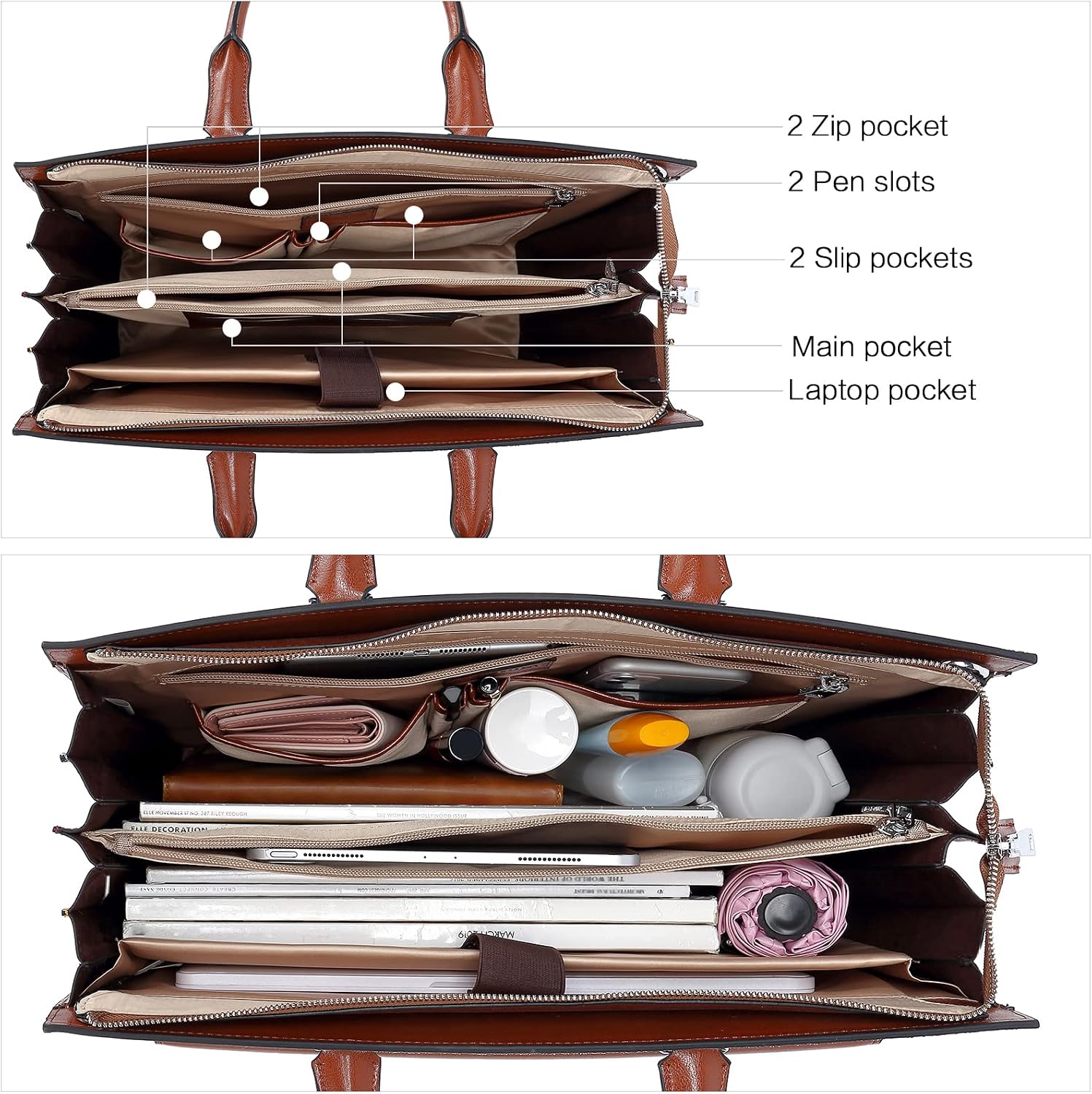 BOSTANTEN Briefcase for Women Laptop Tote 15.6 Inch Genuine Leather Handbag Work Bag Beige