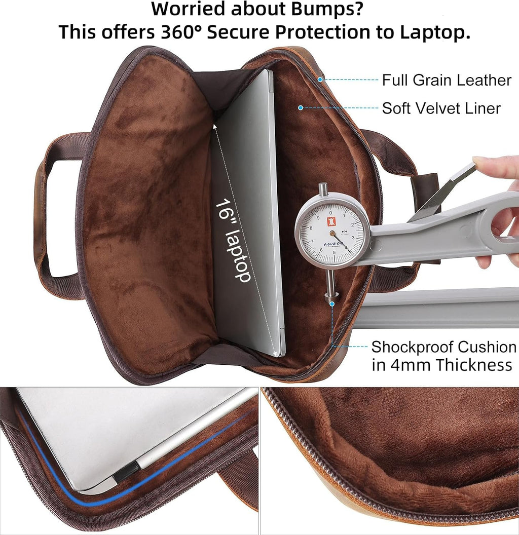 Masa Kawa Leather Laptop Briefcase for Men Fits 15.6' 16' Computer Slim Crossbody Shoulder Messenger Bag Attache Case for Business Work, Vintage Brown