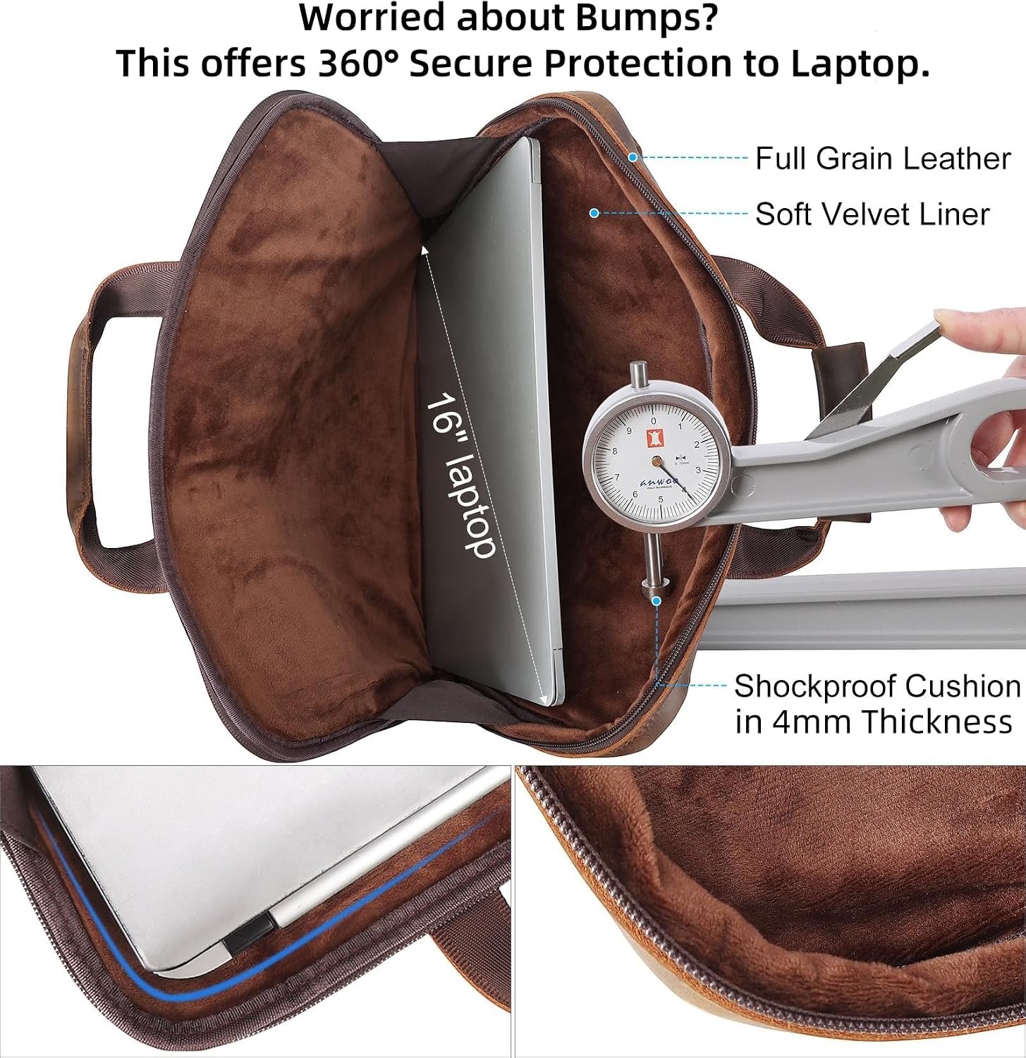 Masa Kawa Leather Laptop Briefcase for Men Fits 15.6' 16' Computer Slim Crossbody Shoulder Messenger Bag Attache Case for Business Work, Vintage Brown