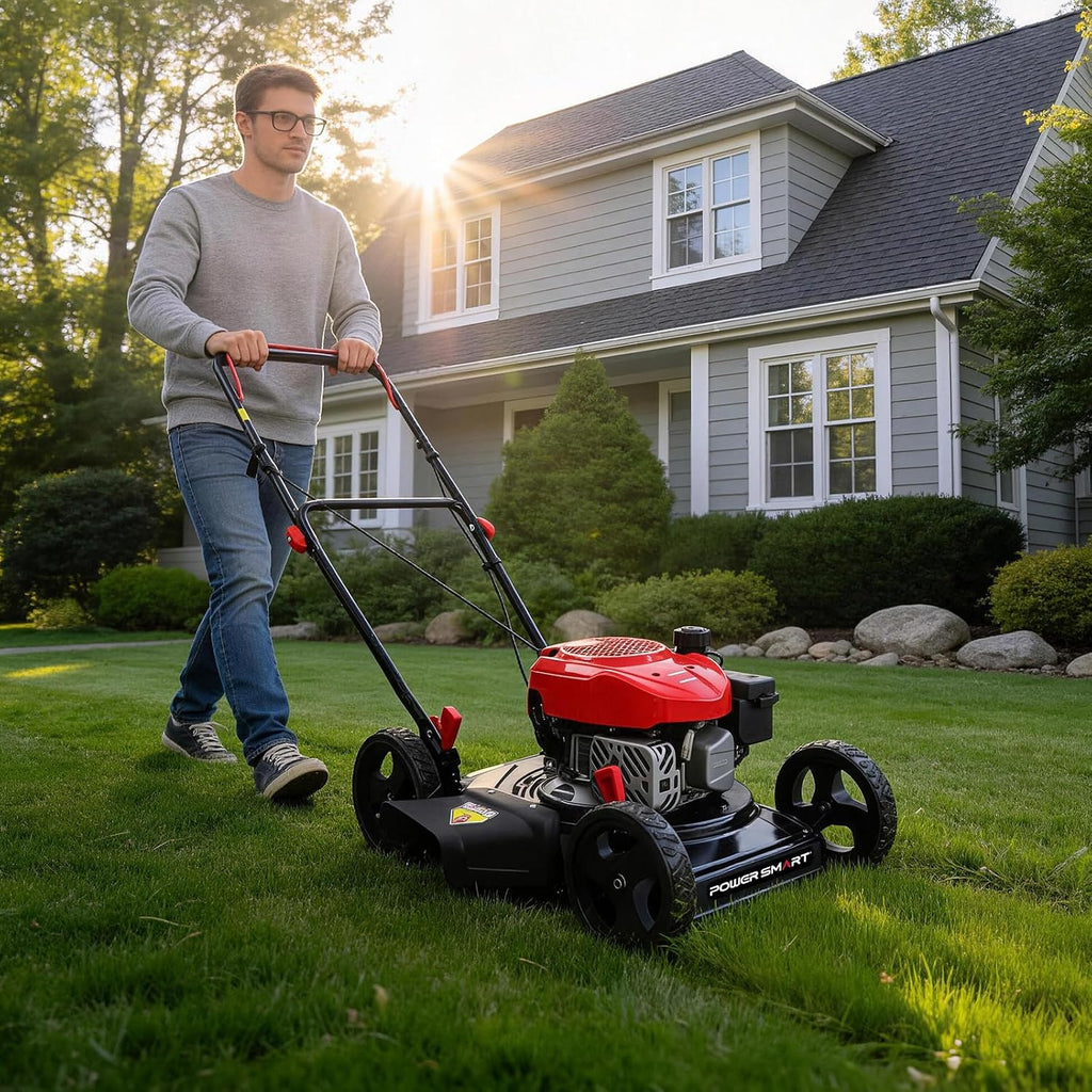 PowerSmart 18-Inch Gas Push Lawn Mower with 144cc OHV Engine, 2-in-1 Mulching Lawn Mower with Side-Discharge, 5-Positions Adjustable Cutting Height