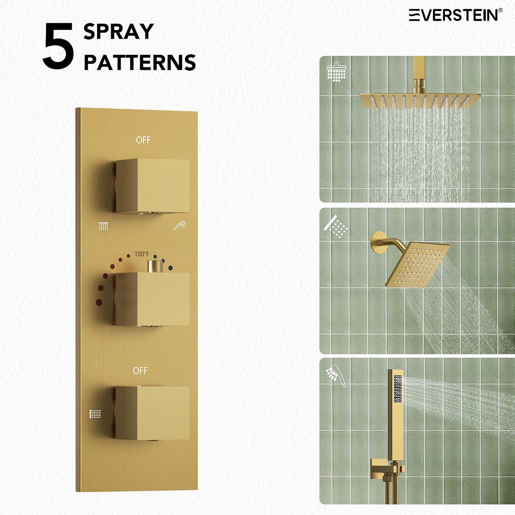 12' Ceiling Mount Dual Rainfall Shower Head System with Handheld Spray, Bathroom Shower Set with Valve(Brushed Gold)