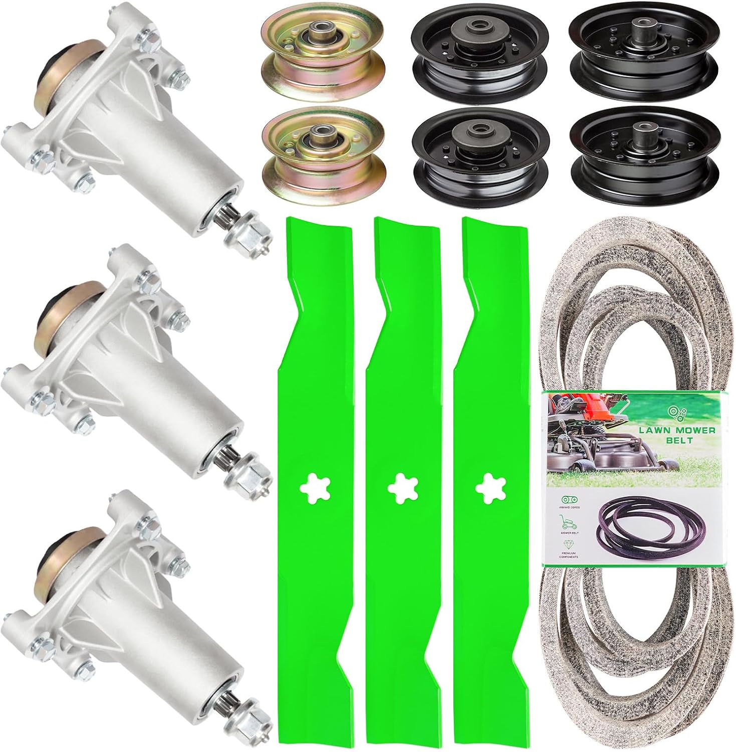 48'' Deck Rebuild Kit Fits Hus qvarna 2748GLS 2448T YTH2348 3 Spindle (532187292) 3 Blade (21547939) 2 Idler (177968) 2 Idler (196104) 2 Idler (196106)