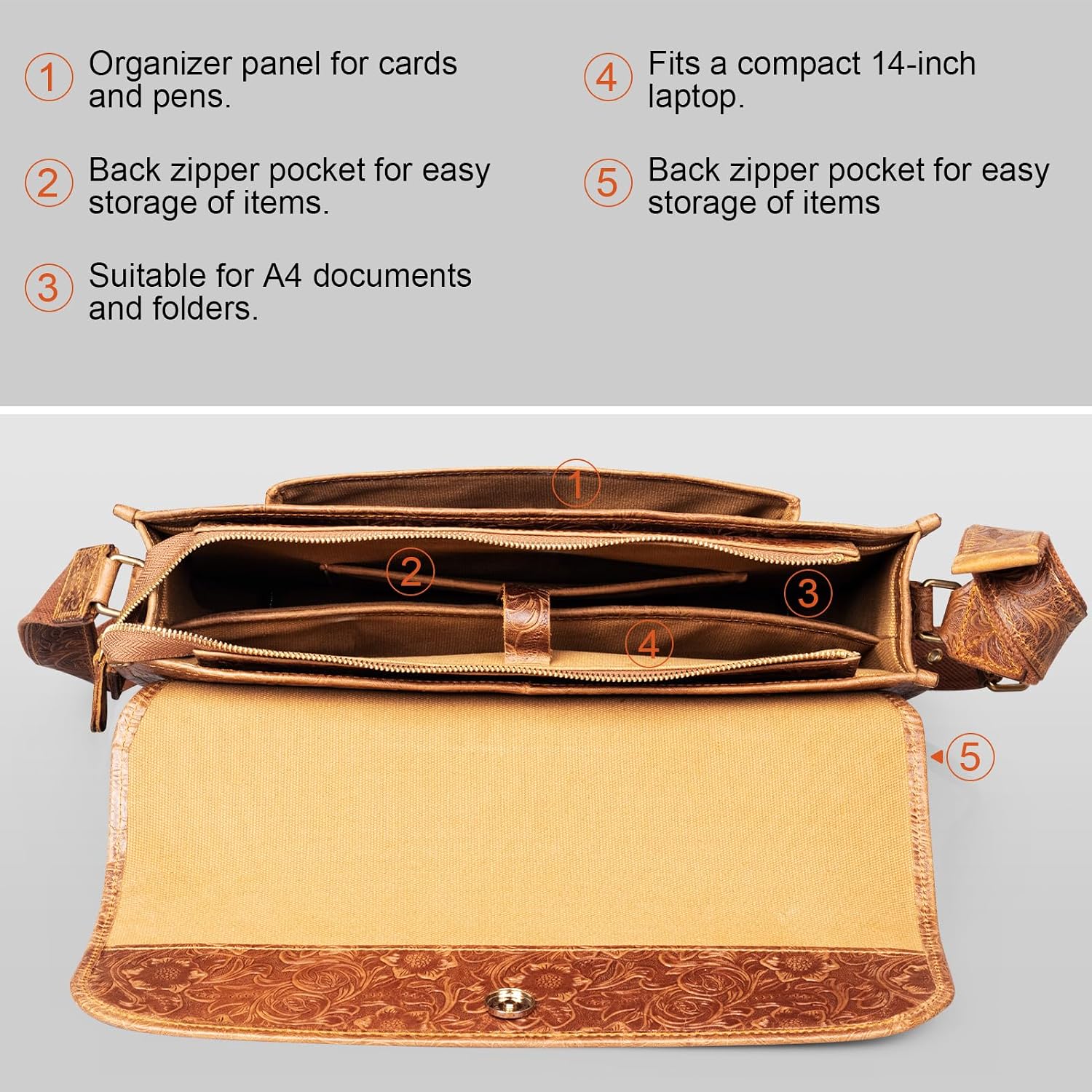 Messenger Bag 14 Inch Vintage Genuine Leather Briefcase Large Leather Computer Laptop Bag Satchel, Brown