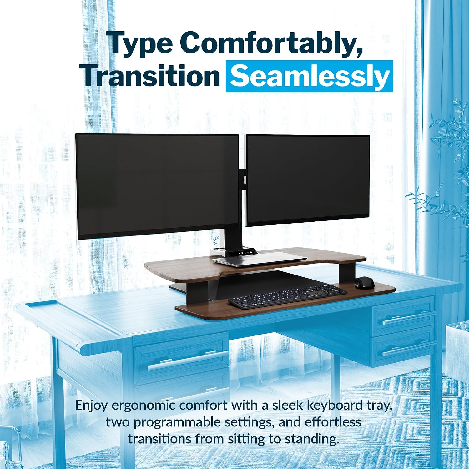 Vari VariDesk Premier Electric Converter -All-in-One Standing Desk Height Adjustable Riser - USB-A & USB-C - Ideal for Home Office Workspace - Dual Monitor Mount Computer Workstation (Walnut)