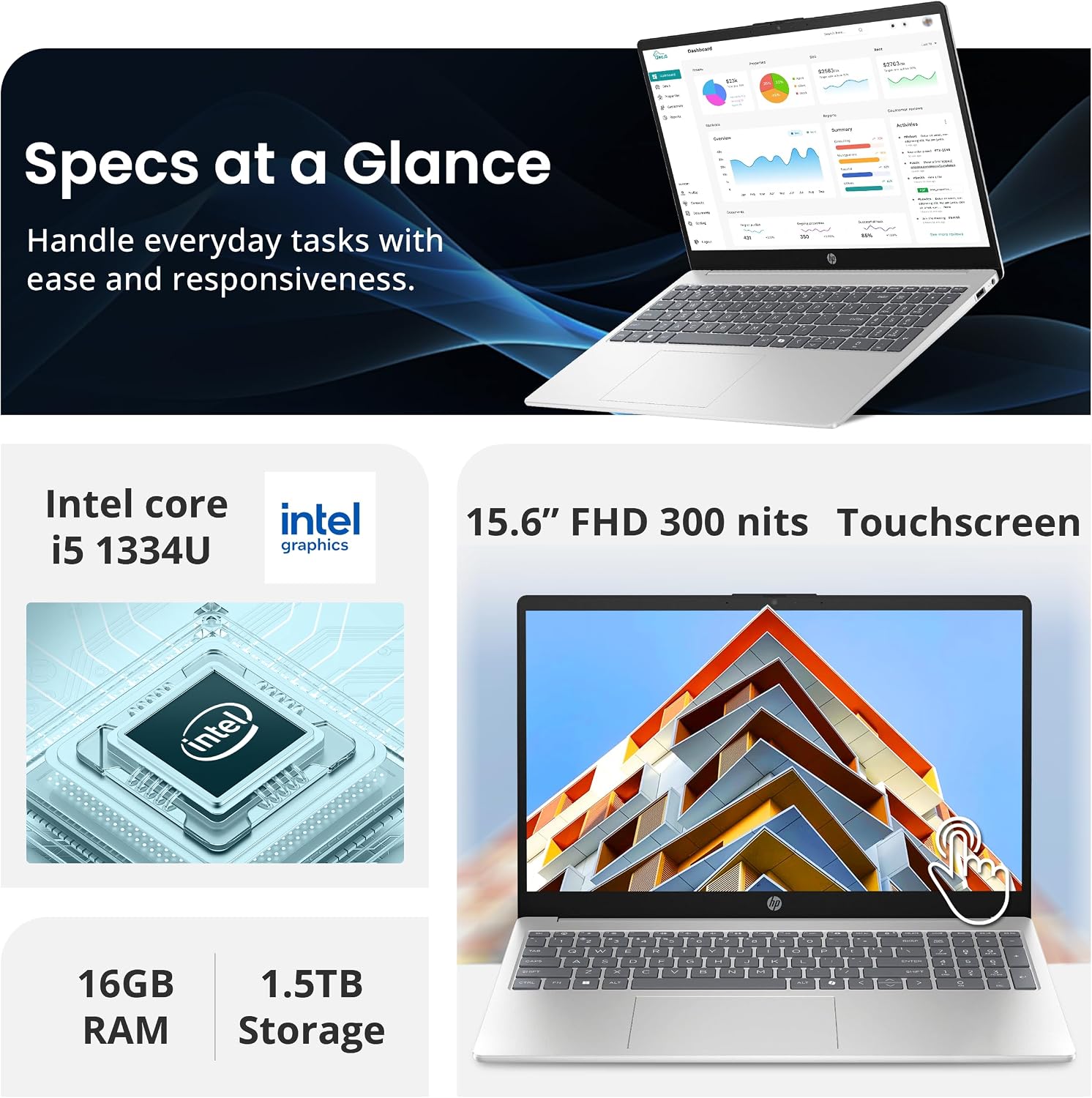 HP 15.6' FHD Touchscreen Laptop, Intel 10-Core i5-1334U, 16GB RAM, 1.5TB Storage (512GB SSD+1TB Docking Station Set), Intel Graphics, Copilot, Number Pad, 720p Webcam, Wi-Fi 6, Win 11 Pro, Silver