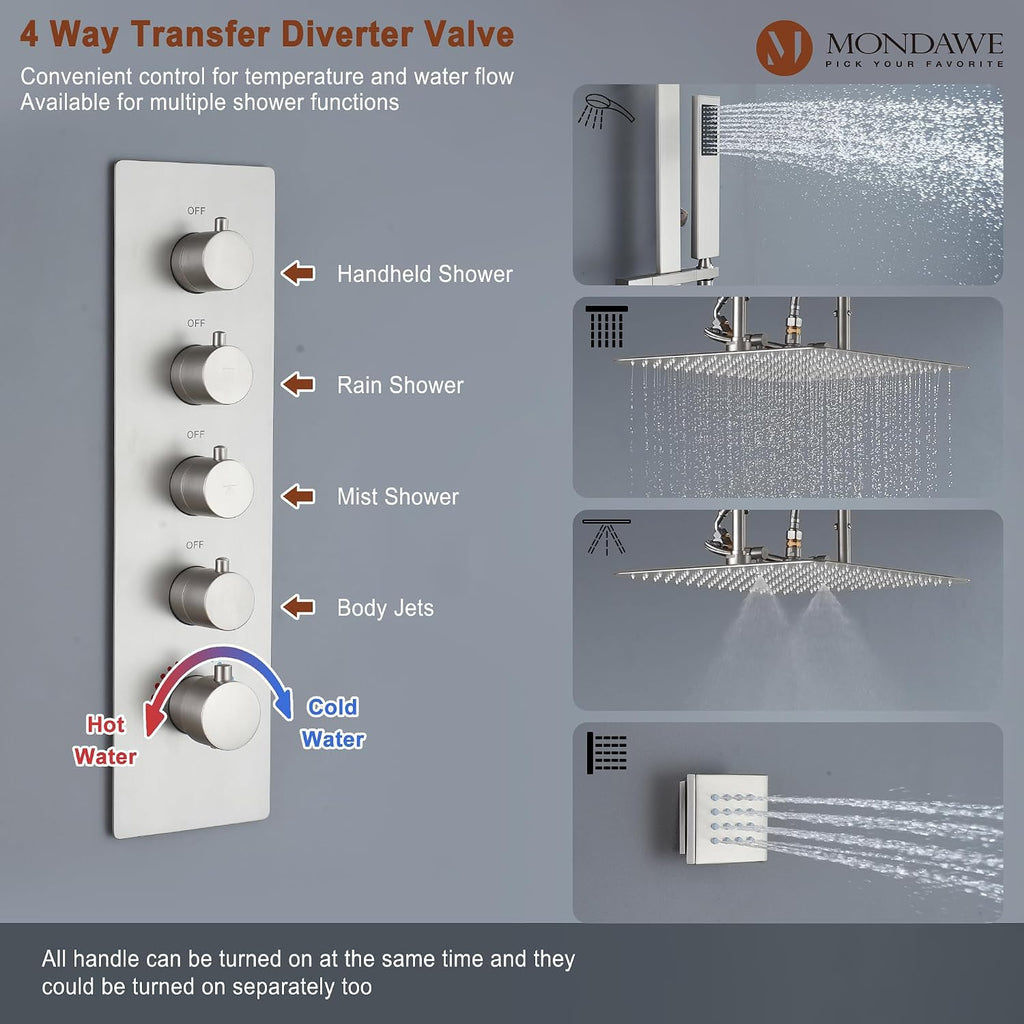 MONDAWE 16 Inch Thermostatic Shower System in Brushed Nickel, Ceiling Mounted Rain and Mist Shower Head with Handheld Spray and 6 Body Jets, High Pressure Bathroom Shower Faucet Set, Solid Brass Valve