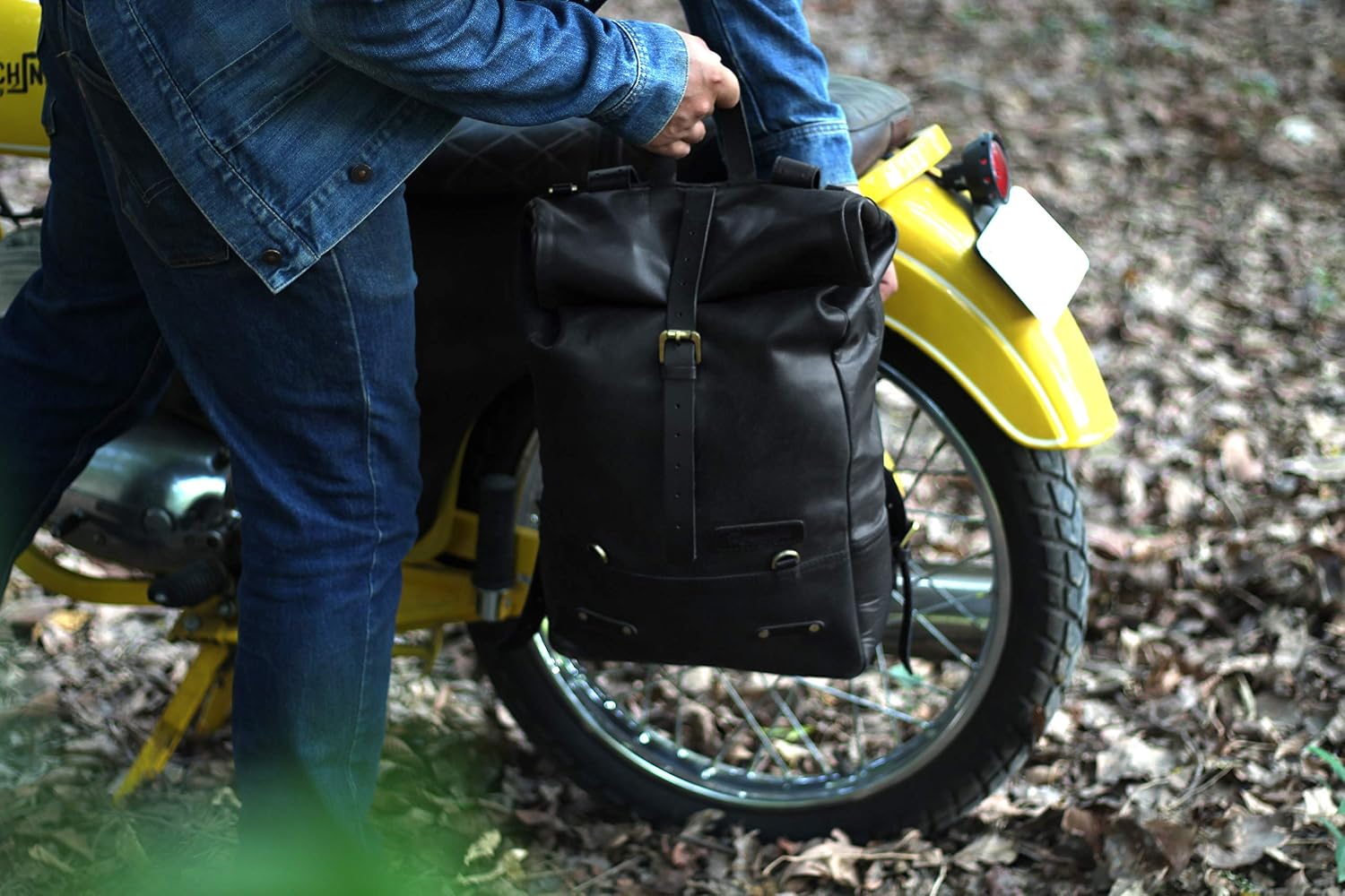 Trip Machine Company Full Grain Leather Roll Top Motorcycle Backpack Pannier – Quick Mount 15L Waterproof Laptop Bag (Black)