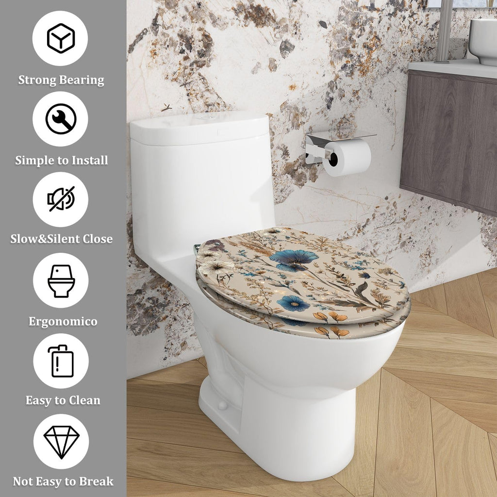 Elongated Toilet Seat Elegant Floral Blue White Golden Accents Butterflies Resin Toilet Seat Quietly Close Quick Release Hinges with Cover Bumpers Decorative Easy to Install Clean