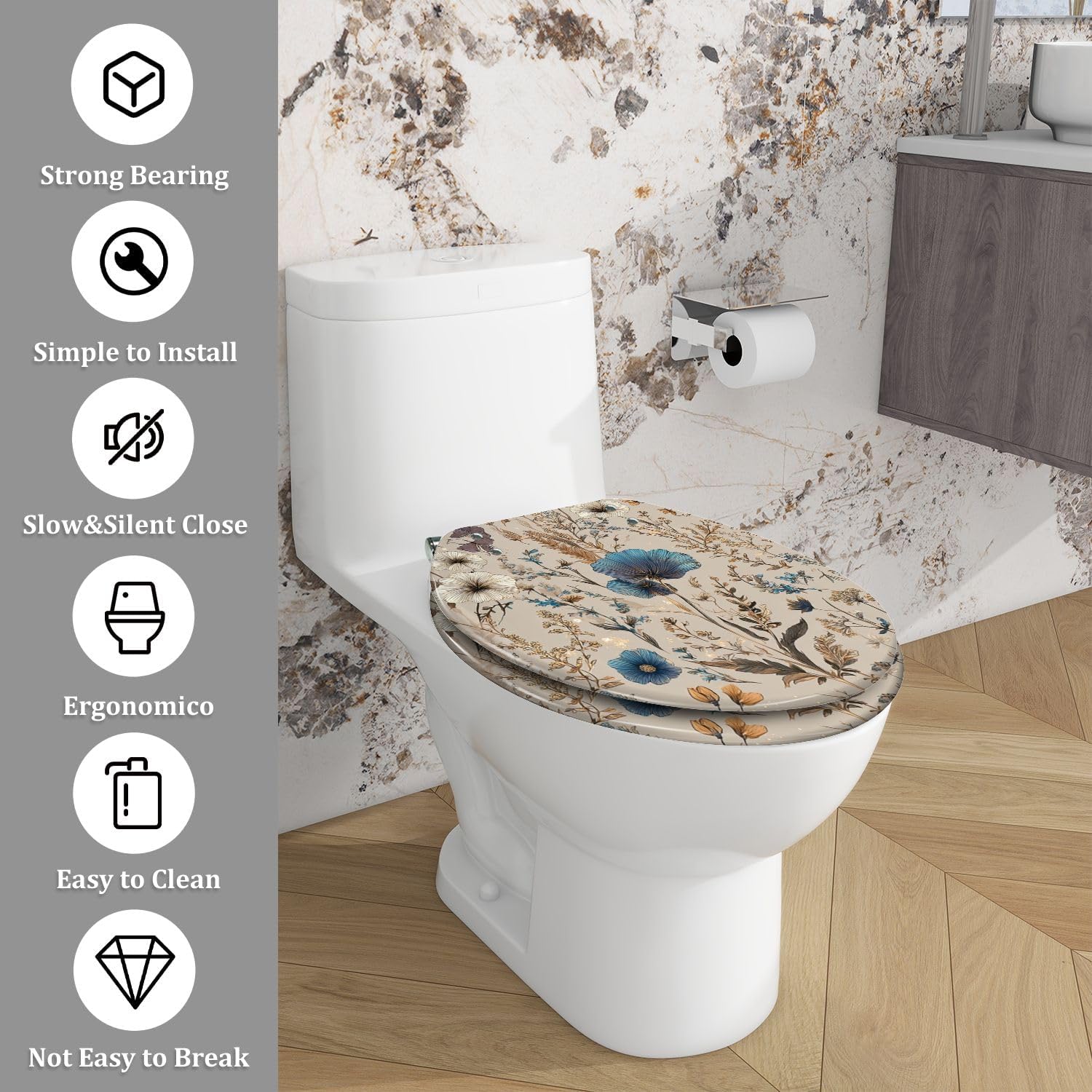 Elongated Toilet Seat Elegant Floral Blue White Golden Accents Butterflies Resin Toilet Seat Quietly Close Quick Release Hinges with Cover Bumpers Decorative Easy to Install Clean