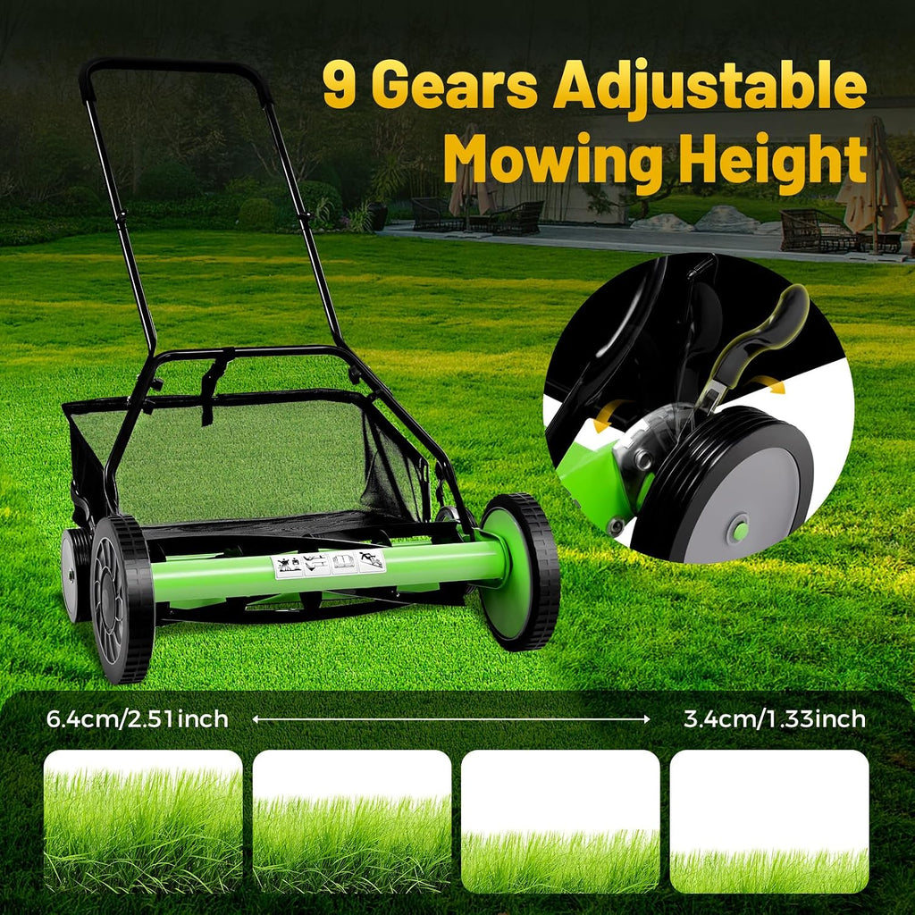 20' Push Reel Lawn Mower,5 Blades Cordless Manual Reel Lawn Mower, 1.3-2.5 Inch Adjustable Cutting Height, Manual Push Mower with Grass Catcher Bag