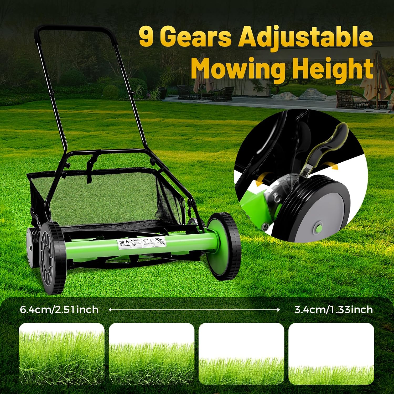20' Push Reel Lawn Mower,5 Blades Cordless Manual Reel Lawn Mower, 1.3-2.5 Inch Adjustable Cutting Height, Manual Push Mower with Grass Catcher Bag