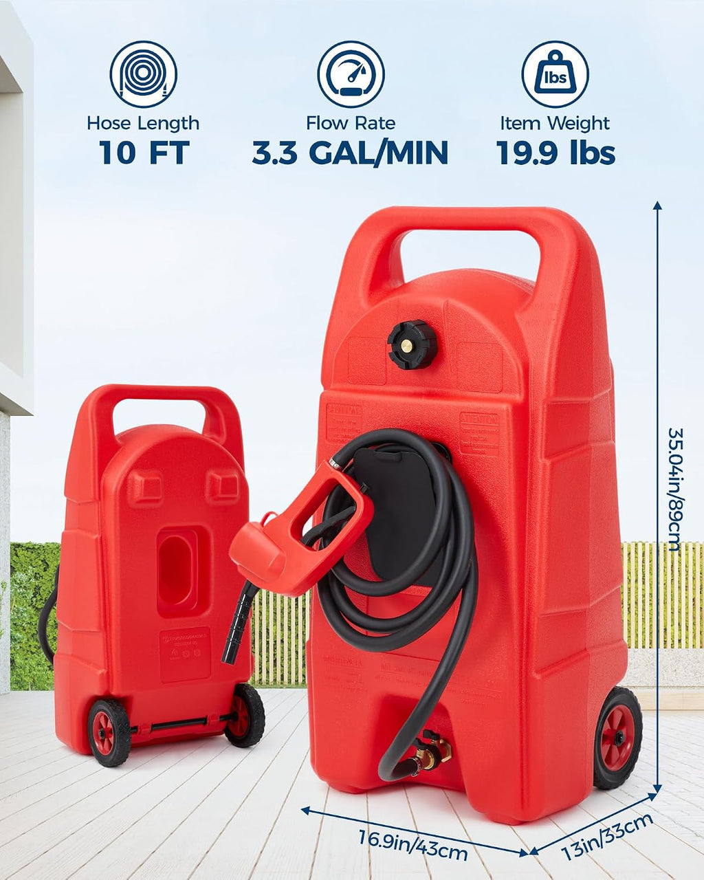 15 Gallon Gas Can, Heavy-Duty Fuel Tank with Manual Transfer Pump & 10FT Hose, Portable Gas Caddy with Wheels, Leak-Proof Gas Container for Lawn Mowers, Cars, Boats, ATVs, Red