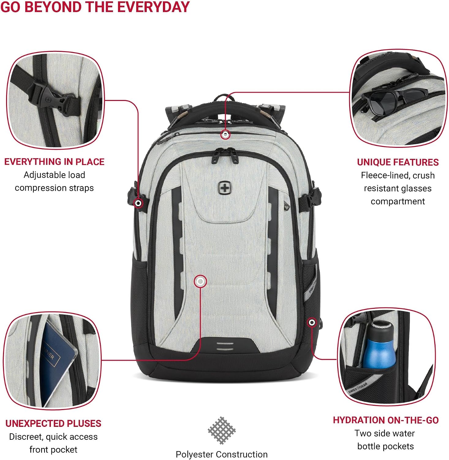 SwissGear Travel Tech Pro Laptop Backpack – Fits Laptops up to 16' – ScanSmart TSA-Friendly Backpack with Multiple Organizer Pockets – Grey Heather