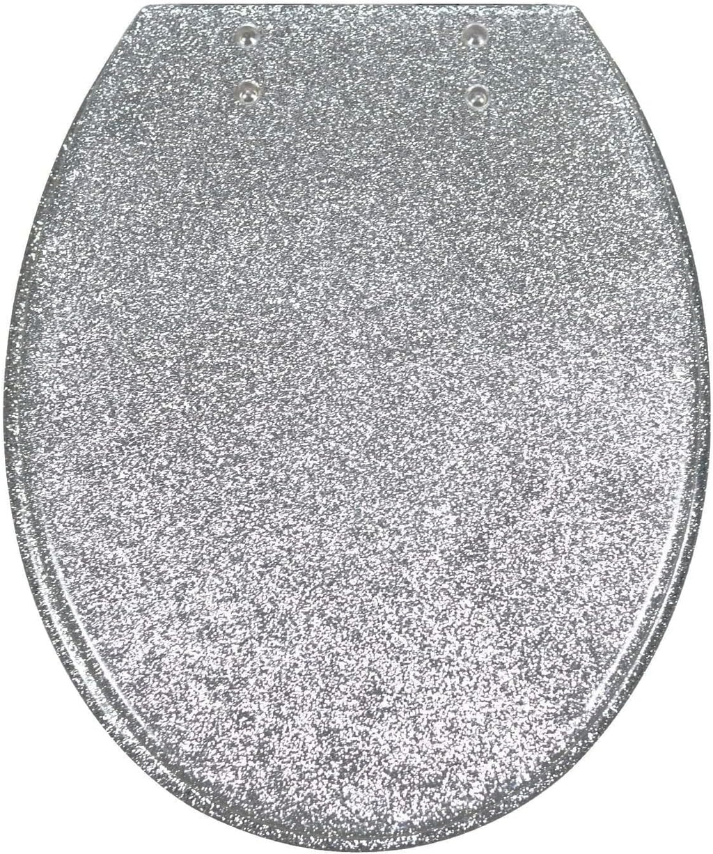 Resin Glitter Toilet Seat, Soft Close & Easy Clean, Oval 36 * 42cm, Top Fixing, Silver(Silver)