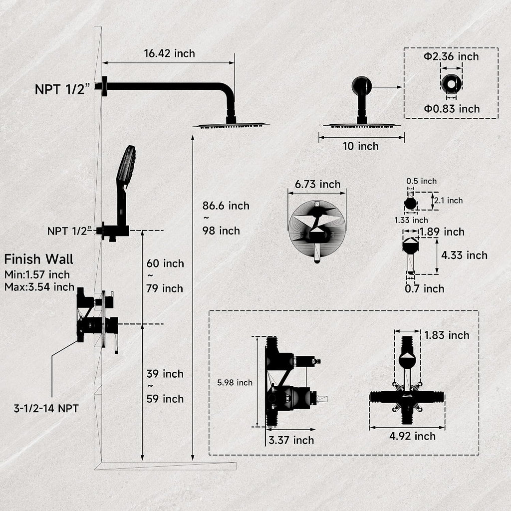 Brushed Gold Shower Faucet Set with Valve 10 Inches High Pressure Shower Head Combo Set Wall Mount Rain Shower Head System with 6 Function Handheld