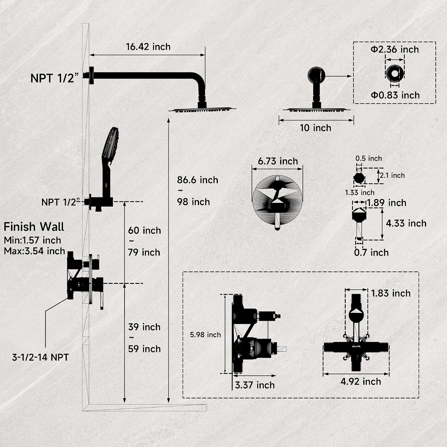 Brushed Gold Shower Faucet Set with Valve 10 Inches High Pressure Shower Head Combo Set Wall Mount Rain Shower Head System with 6 Function Handheld