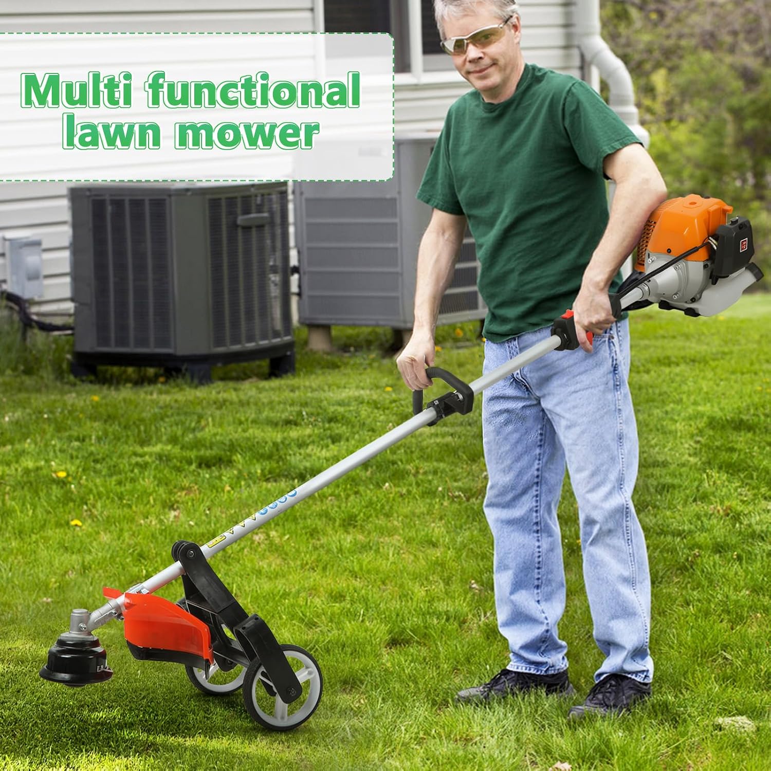 52CC 8-in-1 Gas Weed Eater 2.3KW 2-Stroke Brush Cutter, Multi-Functional Garden Trimmer Kit with Hedge Trimmer, Pole Saw, Pruner, Metal Blade, Auxiliary Wheel, 1.2L Fuel Tank for Lawn, Shrubs, Fences