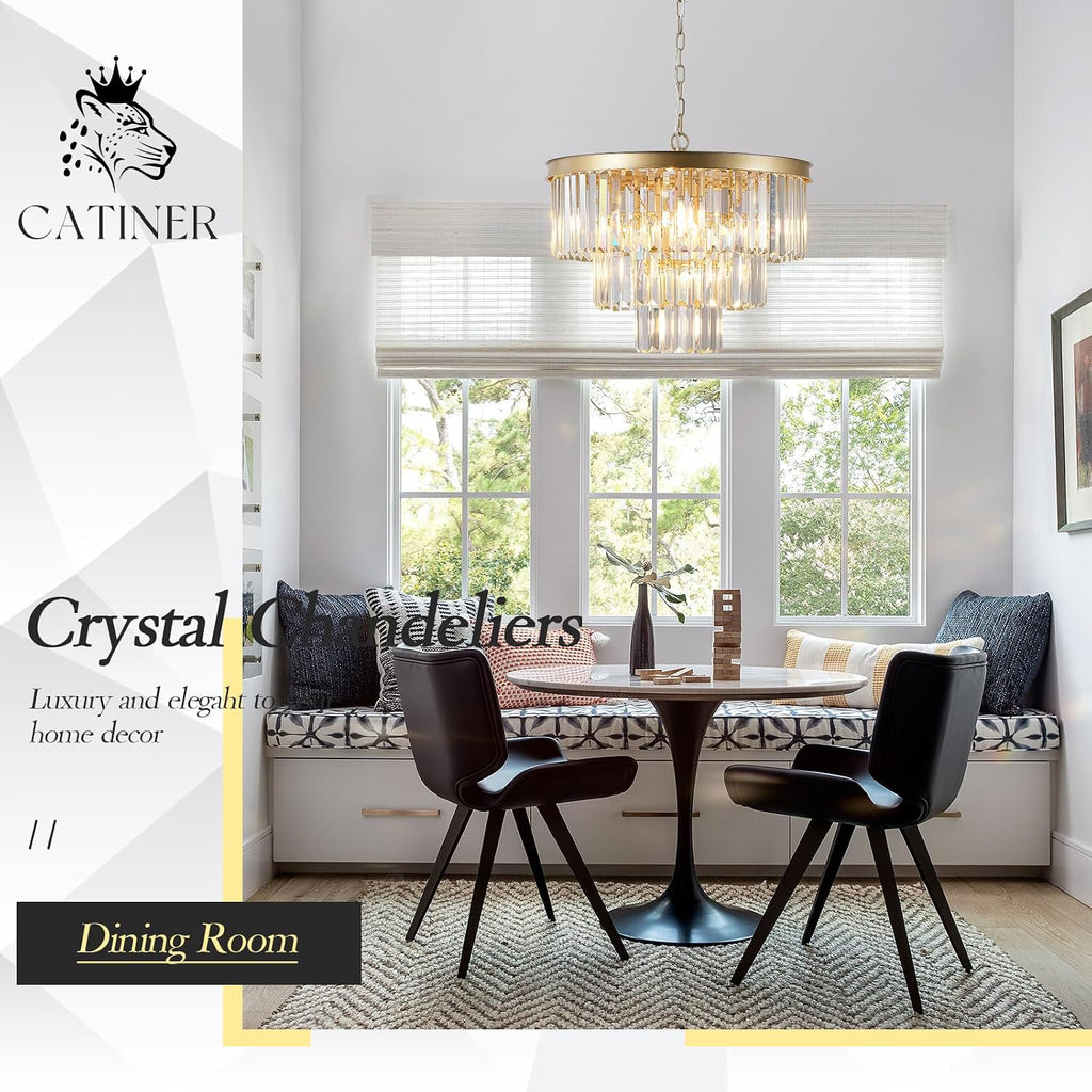 CATINER Modern Crystal Chandeliers,Gold 20' Round Chandeliers for Dining Room 3 Tiers 7 Lights Luxury K9 Crystal Ceiling Pendant Light Fixture for Foyer Bedroom Closet