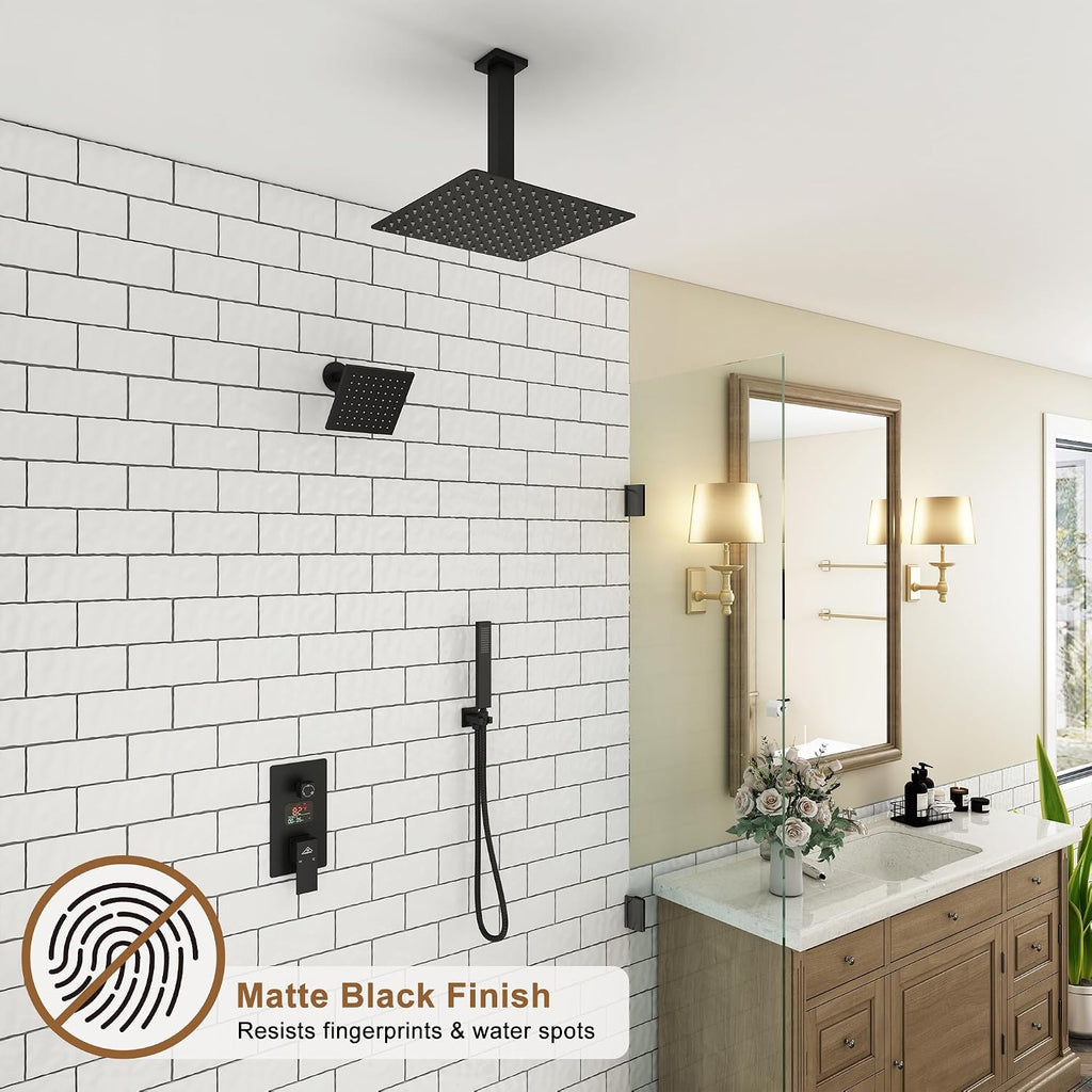 CASAINC Ceiling Mounted Shower System 12 Inch Rain Shower Head with Handheld Spray & 6 Inch Shower Head, Multifunctional Shower Faucet Set with Water Temperature Display (Matte Black)