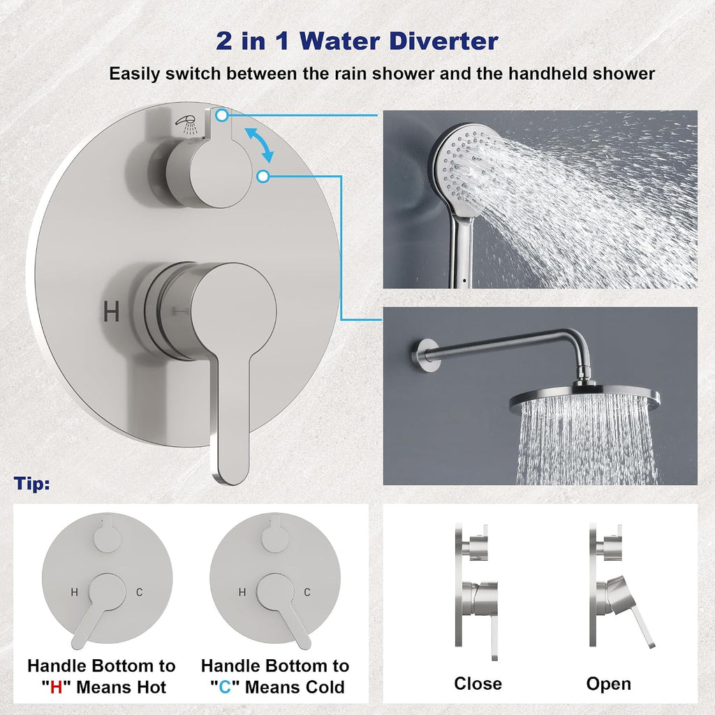 Brushed Nickel Shower Faucet Set with Valve 10 Inches Rainfall Shower Head Combo Set, Wall Mount Shower Fixtures Shower Head System with 6 Function Handheld