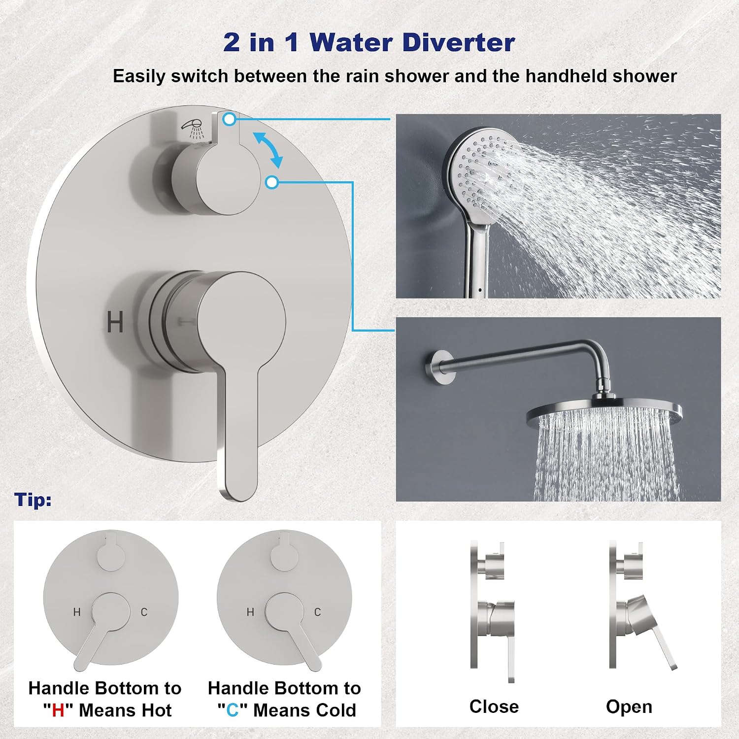 Brushed Nickel Shower Faucet Set with Valve 10 Inches Rainfall Shower Head Combo Set, Wall Mount Shower Fixtures Shower Head System with 6 Function Handheld