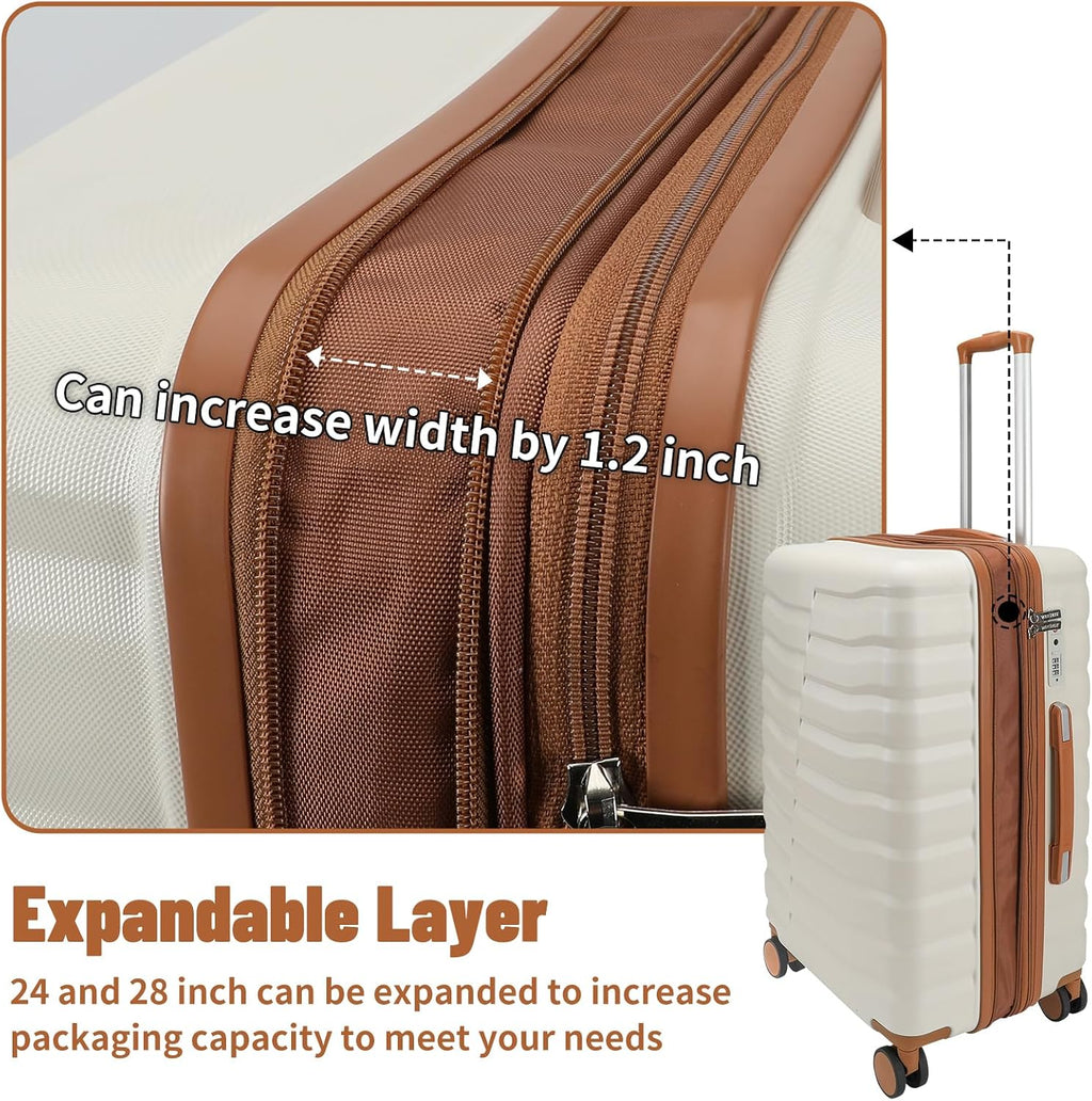 WireHot Lightweight Luggage with Spinner Wheels & YKK Zipper, 3-Piece Suitcase ABS+PC Hardside Luggage Set with TSA Lock for Women Men, Apricot Off White (20+24+28 inch)
