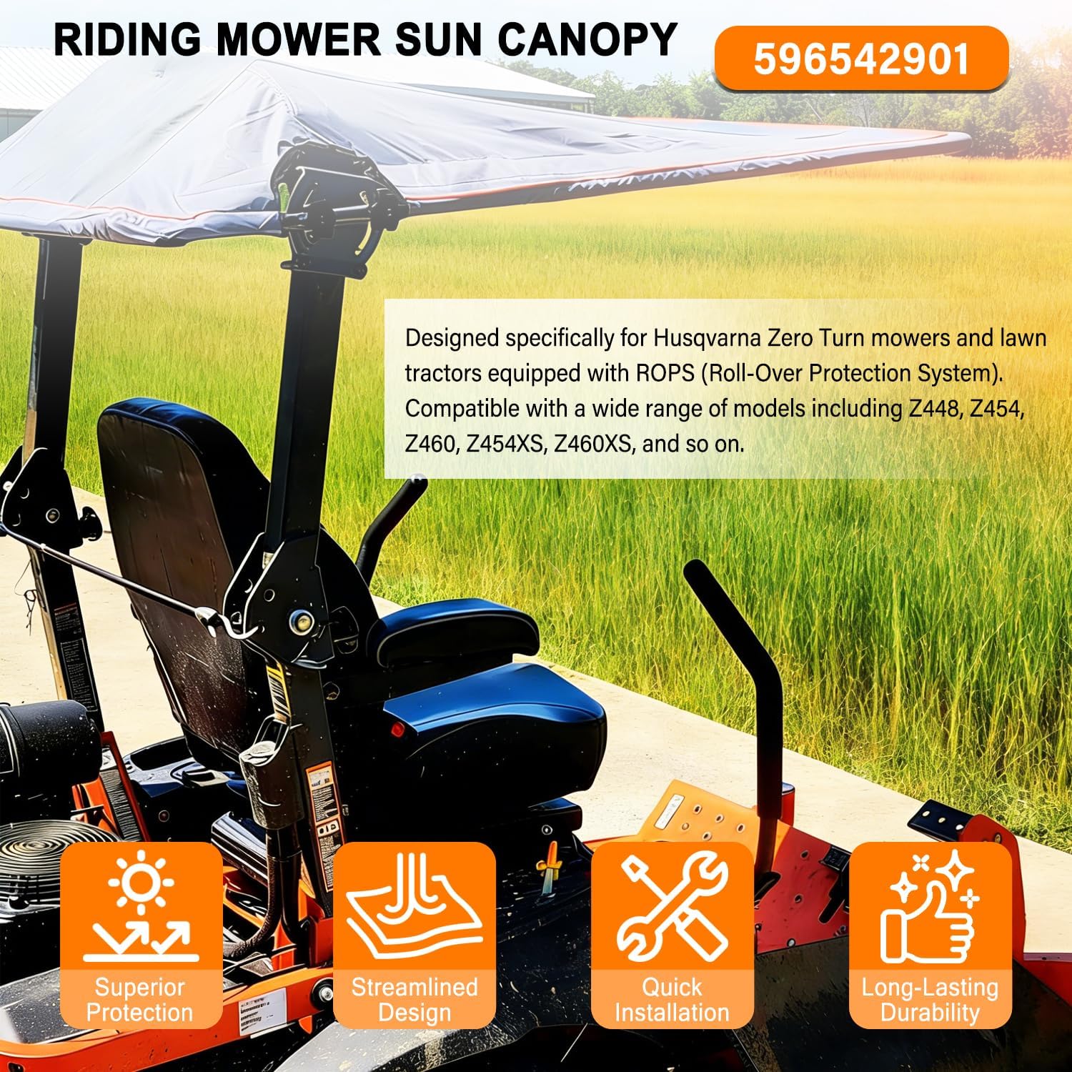 Bonbo 596542901 Riding Mower Sun Shade Sun Canopy Fits for Husqvarna Zero Turn Mowers and Lawn Tractors with ROPS Bars Heavy Duty Riding Mower Sun Canopy