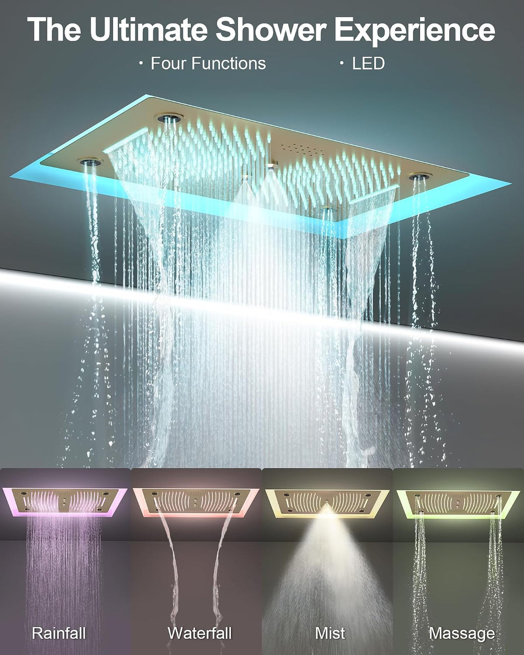 Luxury LED Shower System, 28' x 16' Ceiling Mount Bluetooth Music Speaker 4 Function Shower Head with 6 Body Jets, Brushed Gold