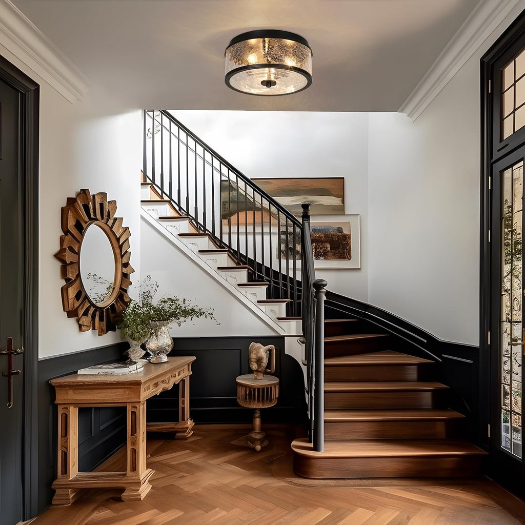 KSANA Black Flush Mount Ceiling Light, Modern Farmhouse 3-Light Close to Ceiling Light Fixtures with Crackled Glass Shade for Bedroom, Hallway, Foyer, Kitchen and Dining Room