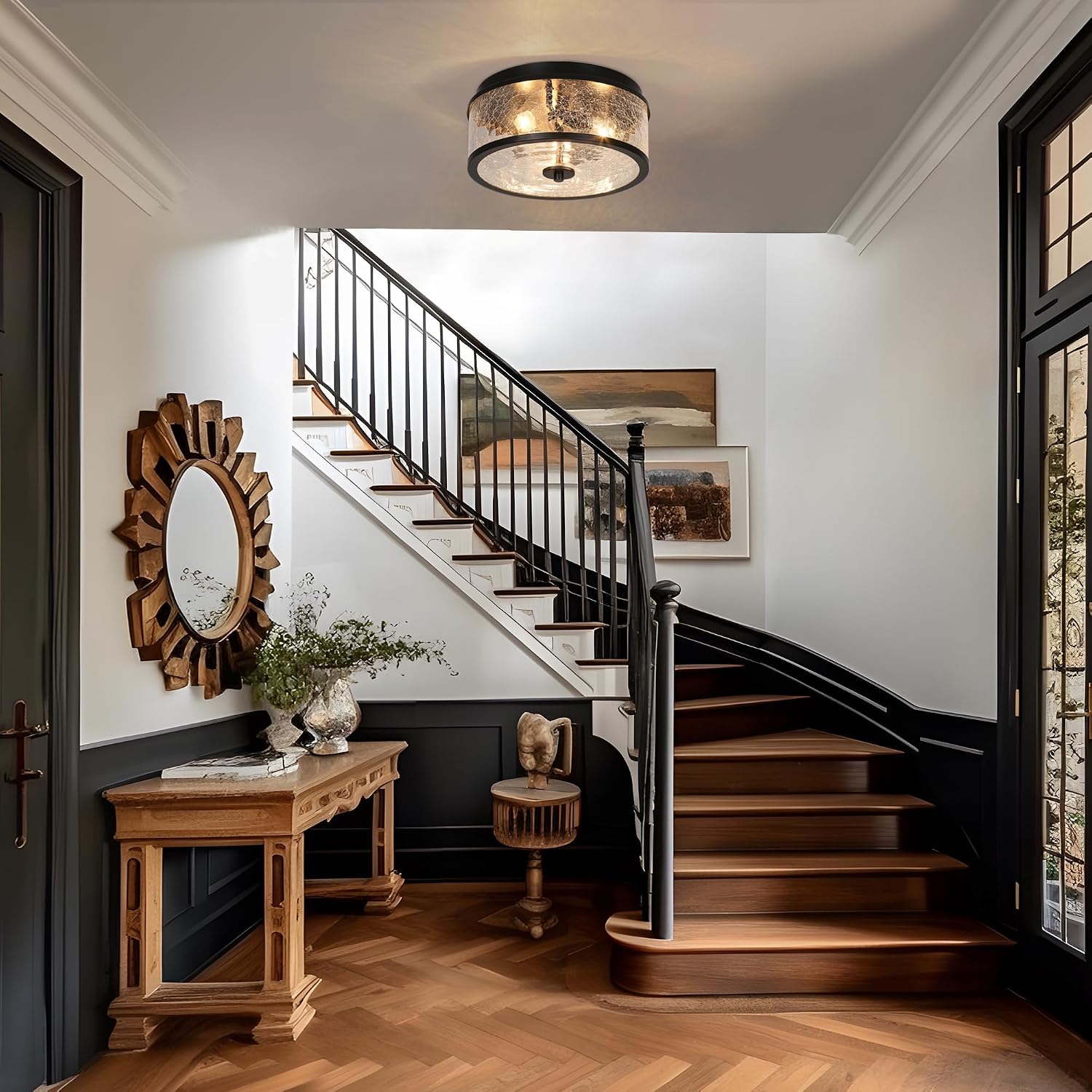KSANA Black Flush Mount Ceiling Light, Modern Farmhouse 3-Light Close to Ceiling Light Fixtures with Crackled Glass Shade for Bedroom, Hallway, Foyer, Kitchen and Dining Room